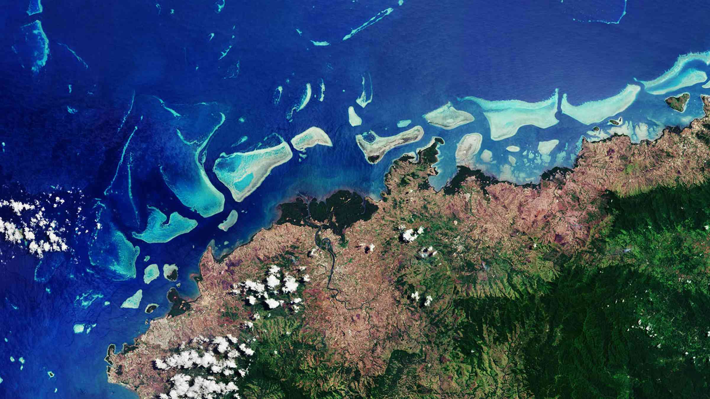 View from space on Fiji in Melanesia in the South Pacific Ocean and its coral reefs