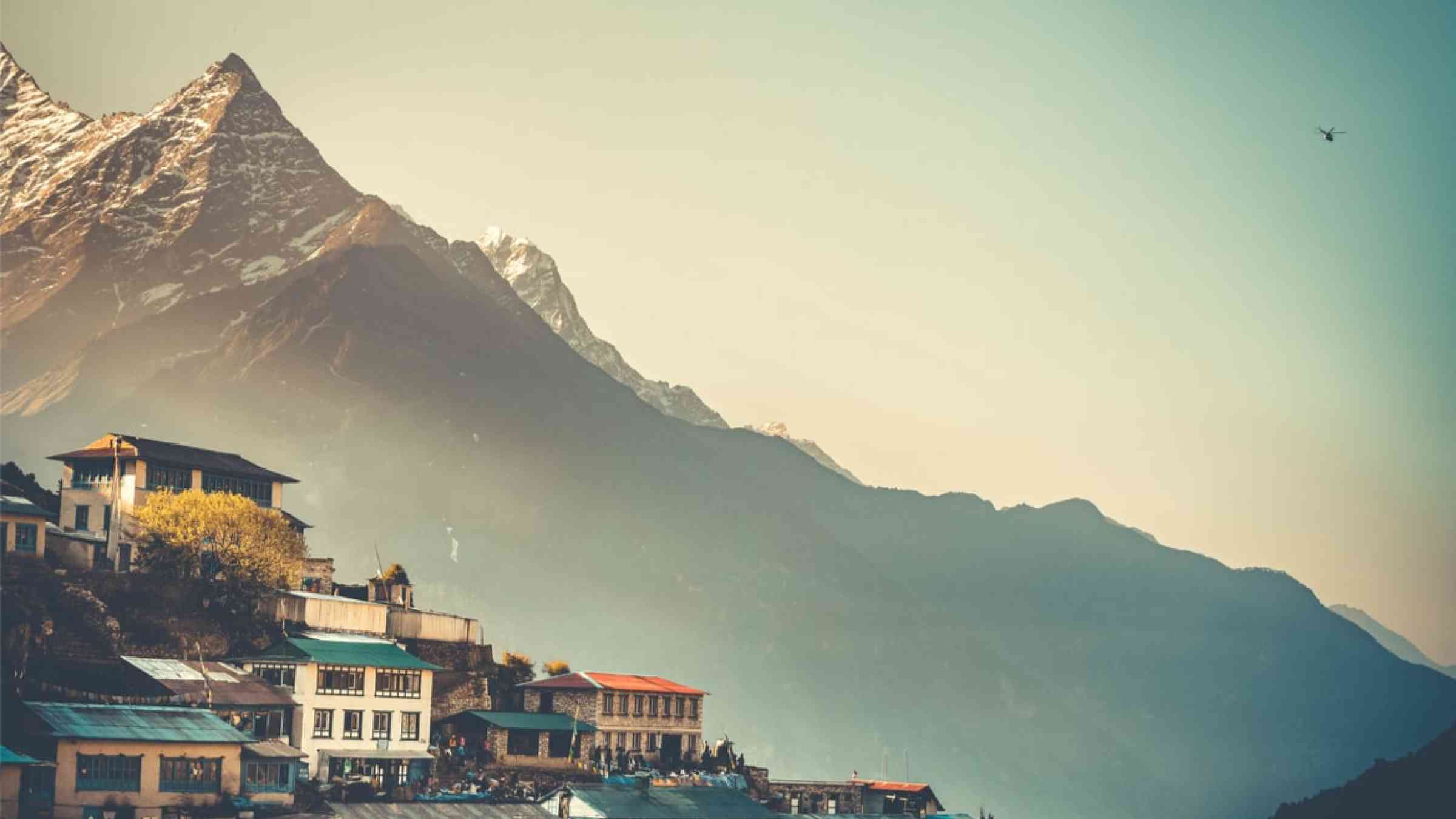 Sunrise view of Namche Bazaar village and Thamserku mountain, Khumbu valley, Nepal. 