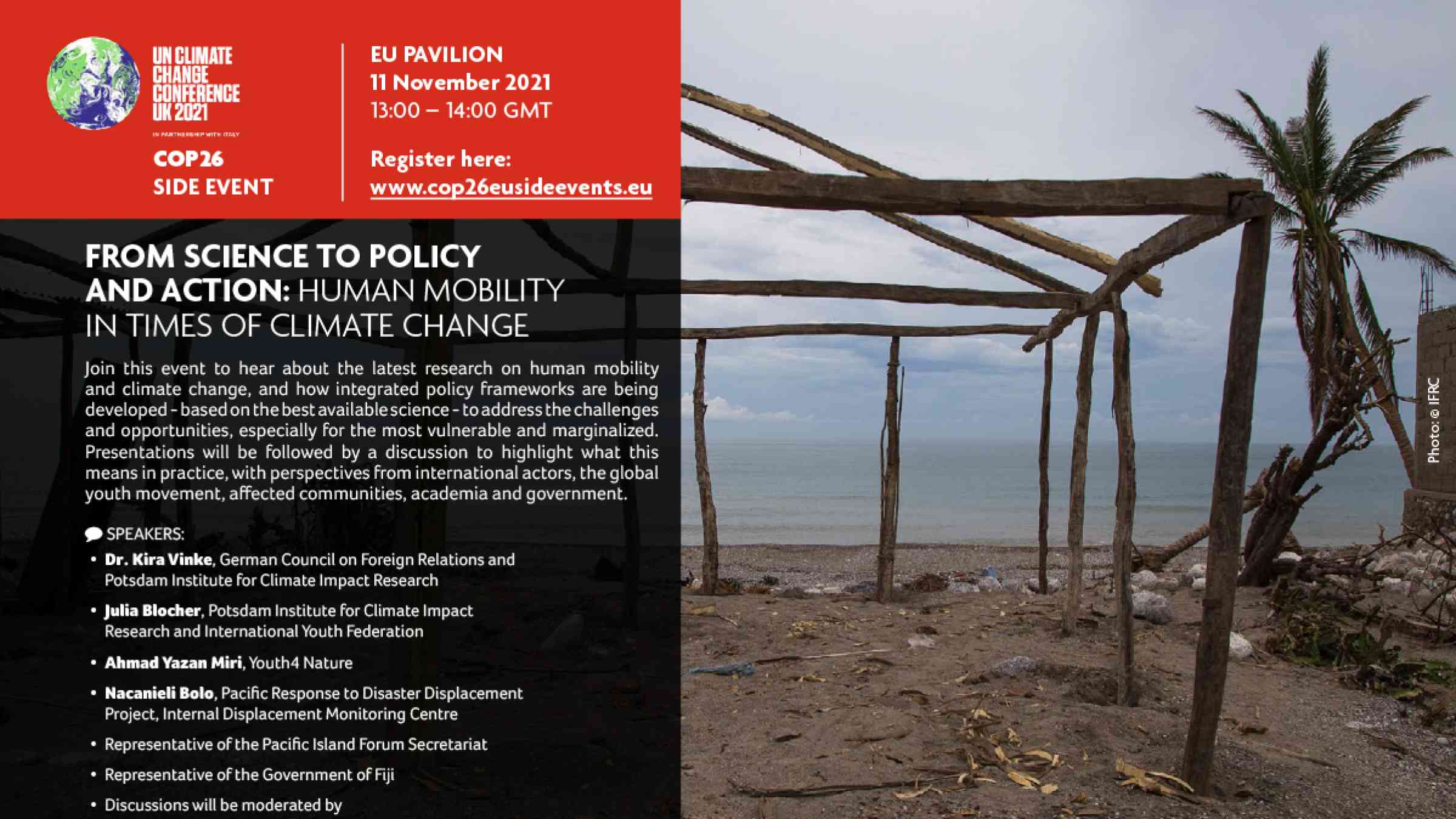 Banner for COP26 EU side event: From science to policy and action Human mobility in times of climate change
