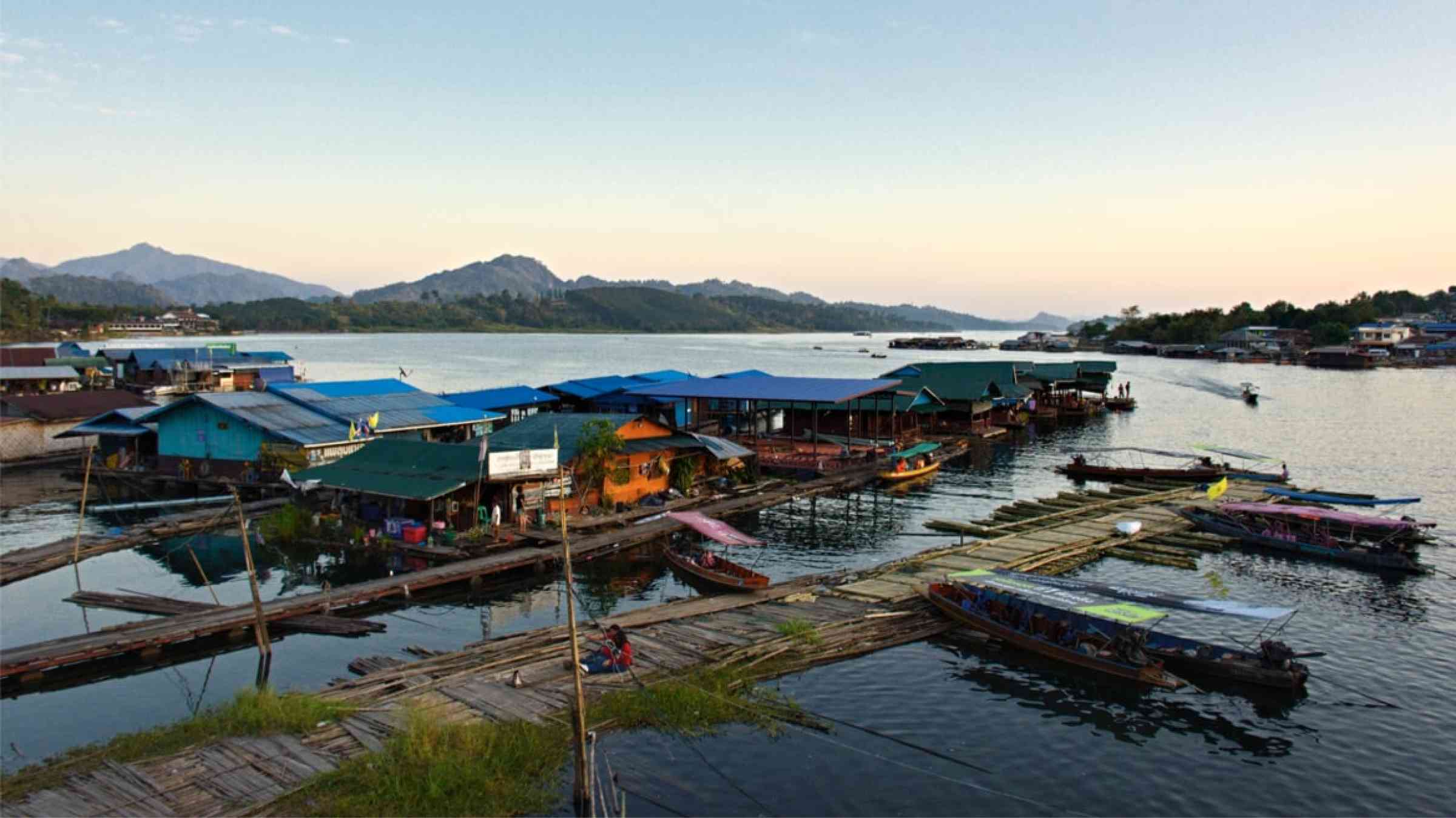 The waterfront of Mon village (Wang Kha) and floating rafts in Thailand
