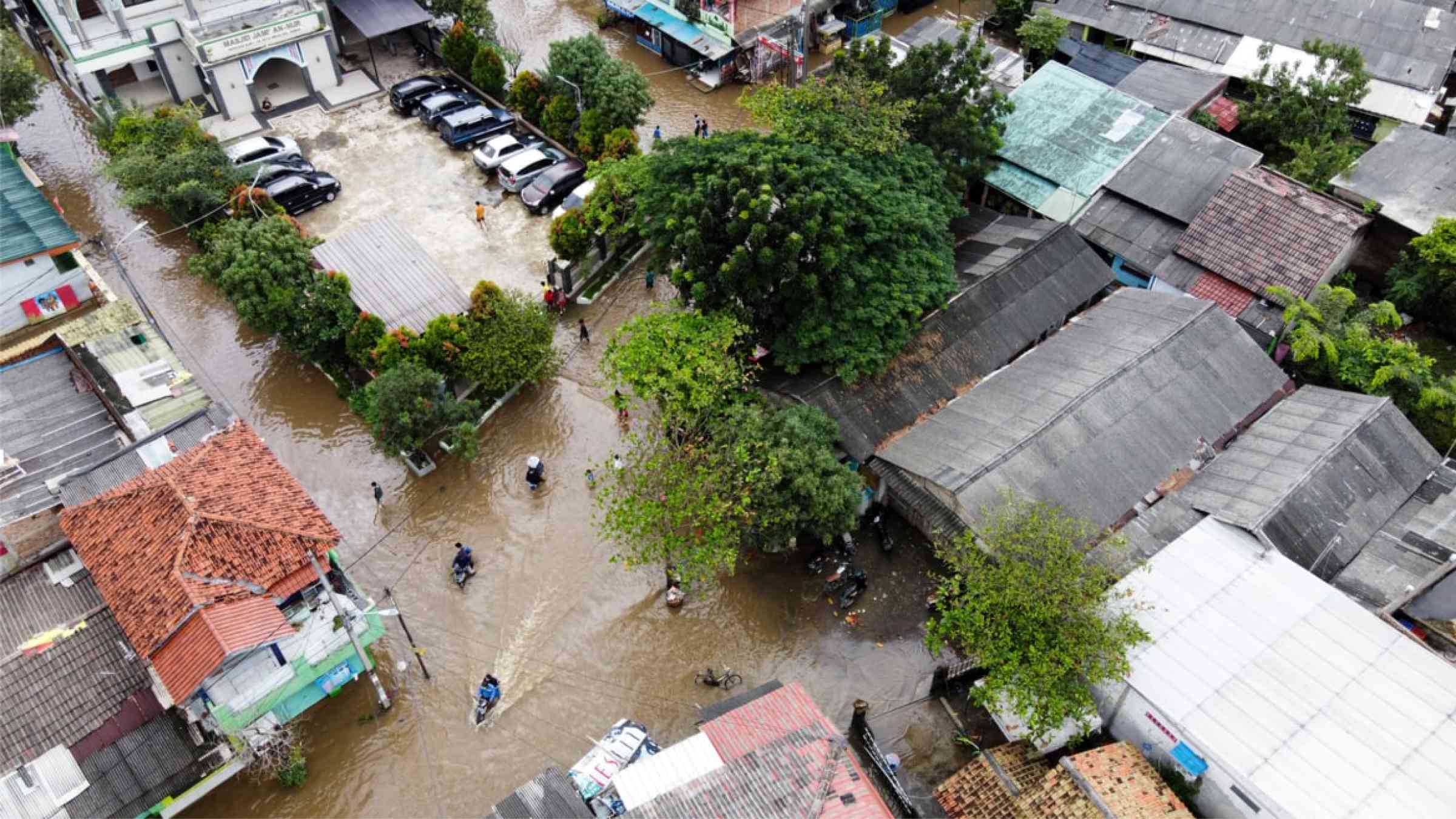Aerial view of flooded streets in Java, Indonesia (2021)