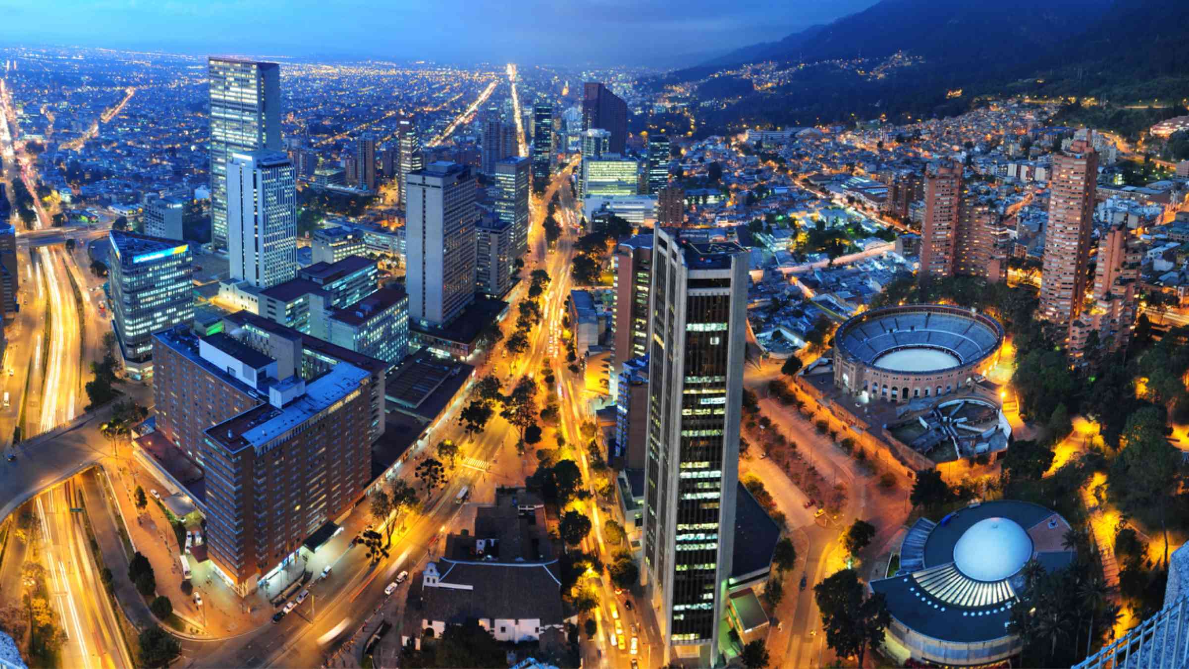 A panoramic view of downtown Bogotá at night