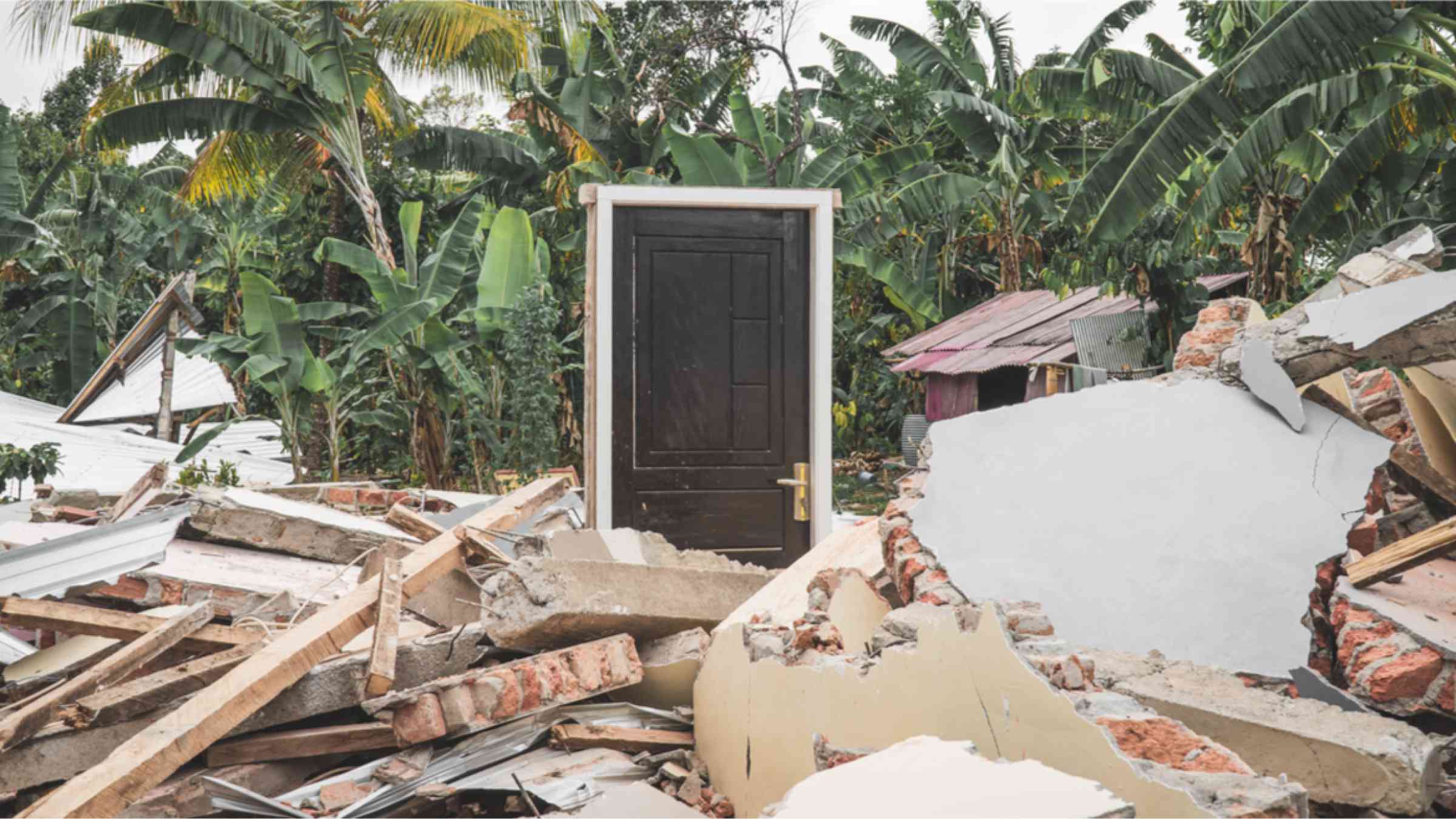 Permanent door of the destroyed house after the earthquake disaster in Lombok, Indonesia