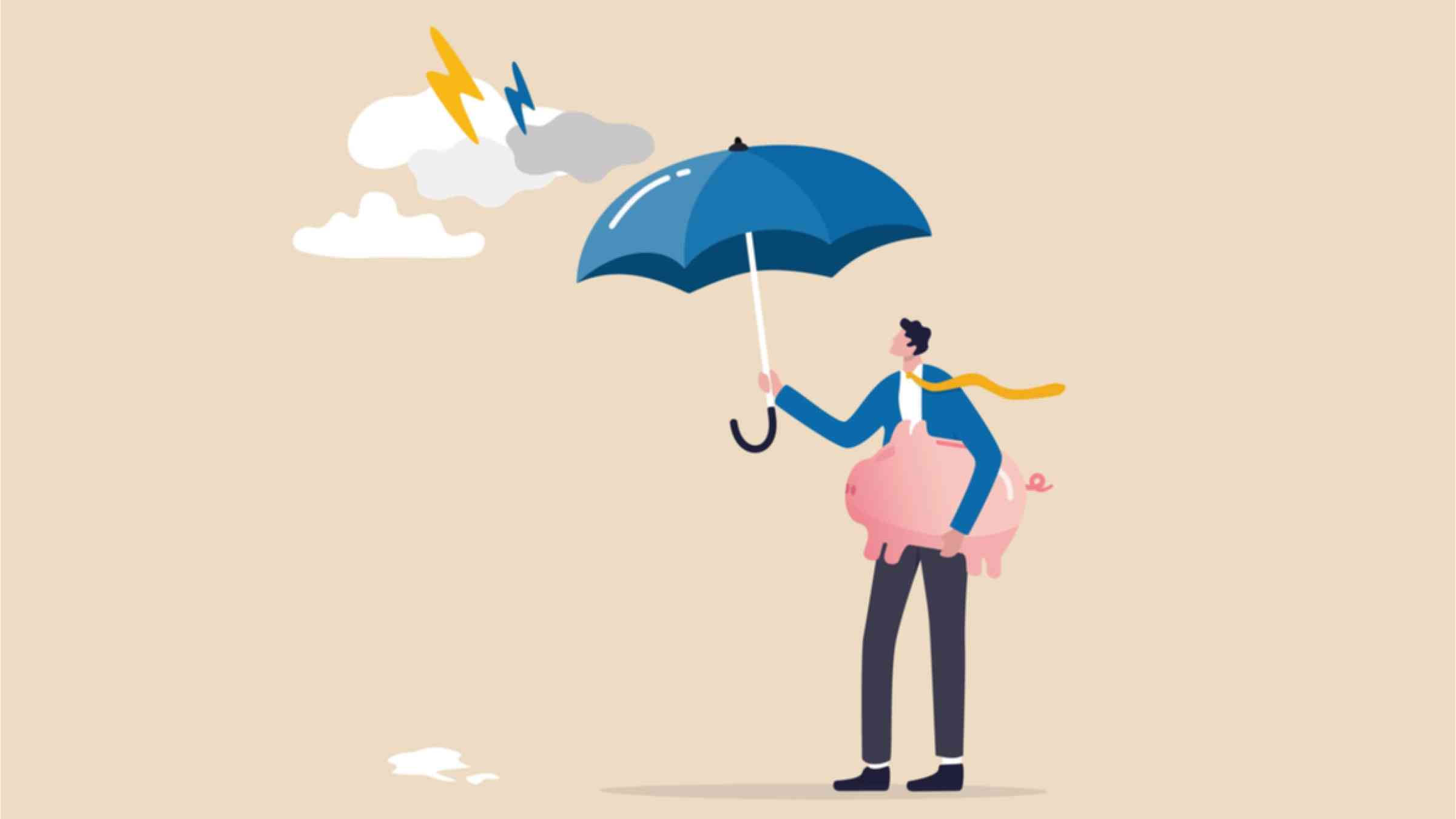 Entrepreneurs holding a strong umbrella to protect the savings bank.