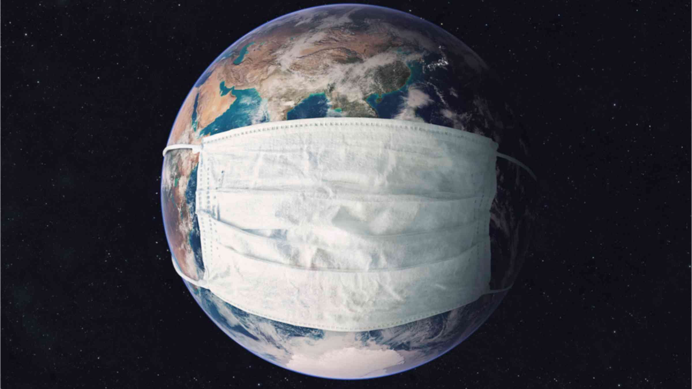 Earth surface in medicine mask to fight against Corona virus. Concept of fighting epidemic and climate change.