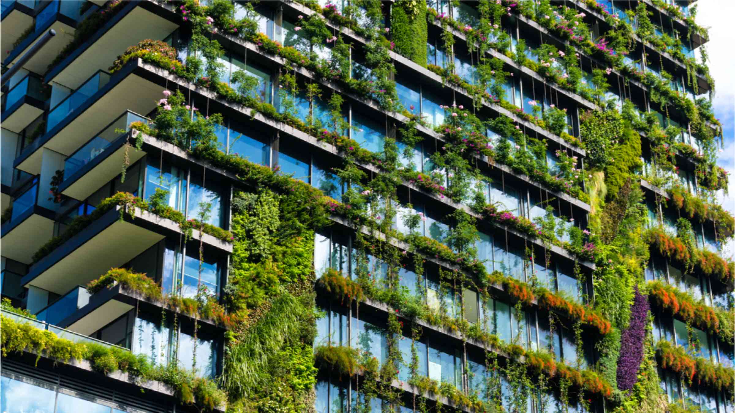Green skyscraper building with plants growing on the facade. Ecology and green living in city, urban environment concept.