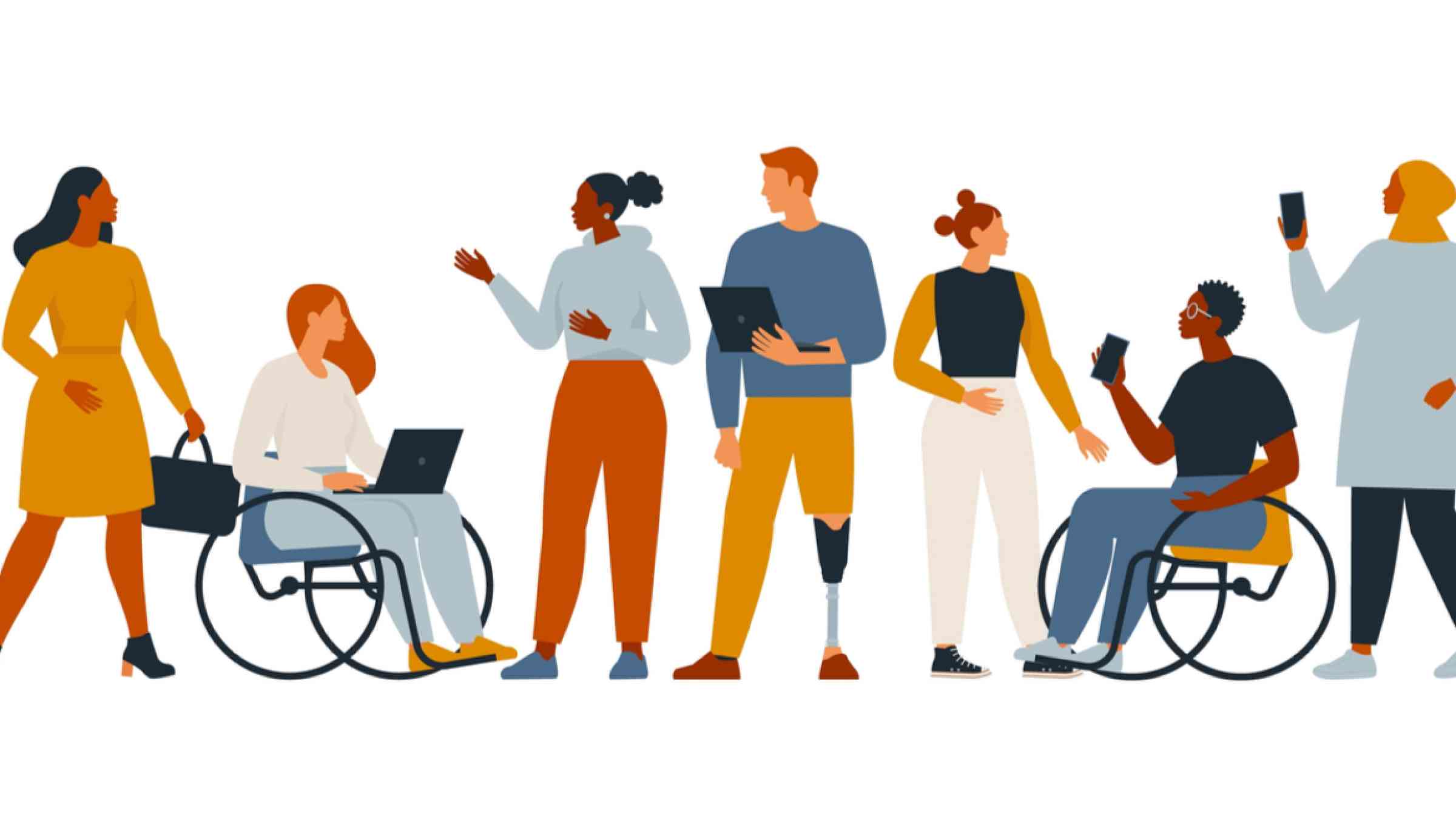 This vector graphic shows a diverse group of people, entrepreneurs, and office workers with different skin colors, genders, and disabilities.