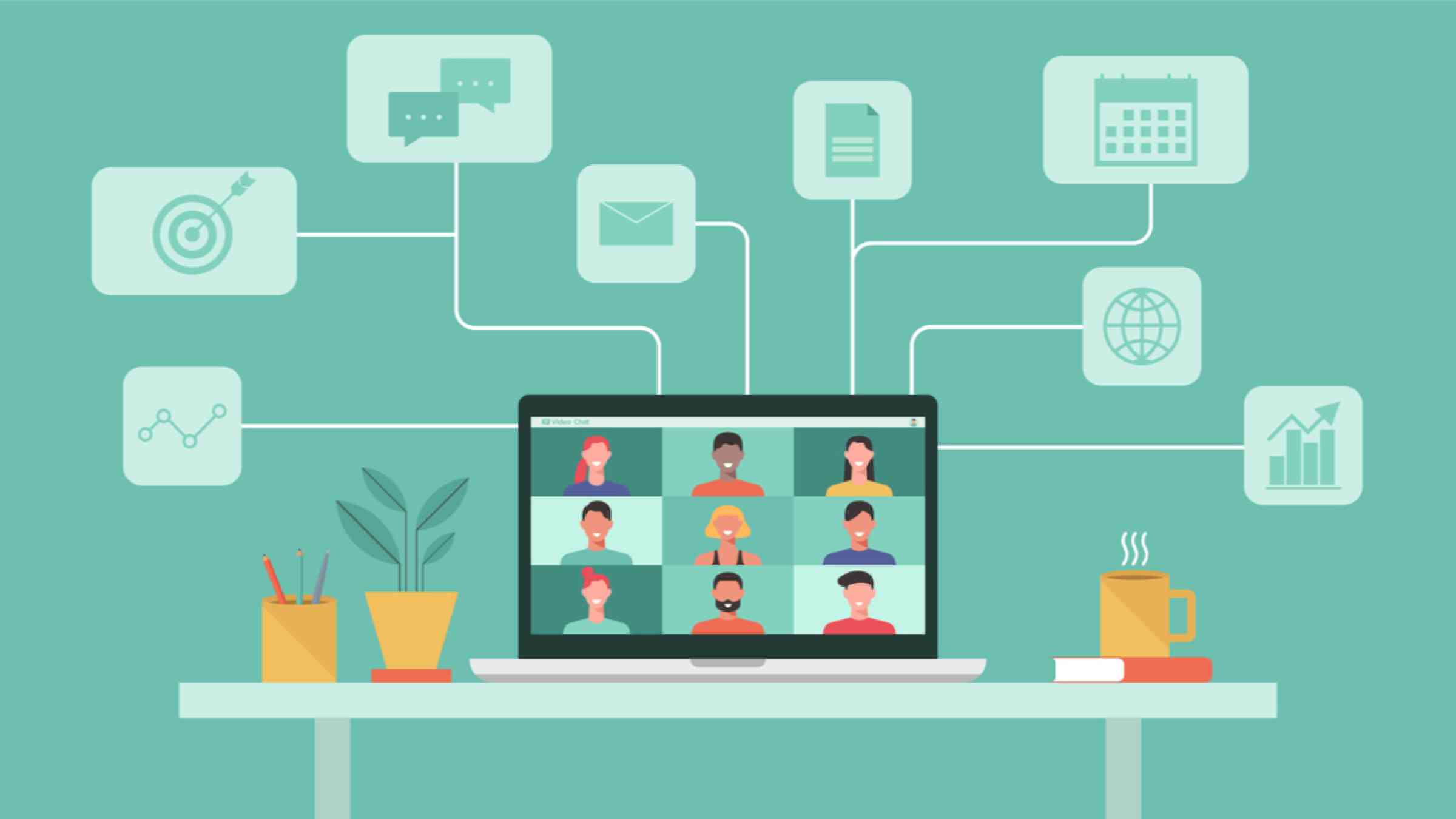 This is a flat vector graphic showing people connecting, learning and meeting online with teleconferencing