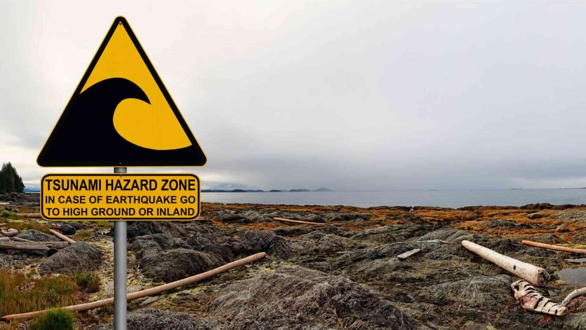 Tsunami warning sign on the Pacific coast