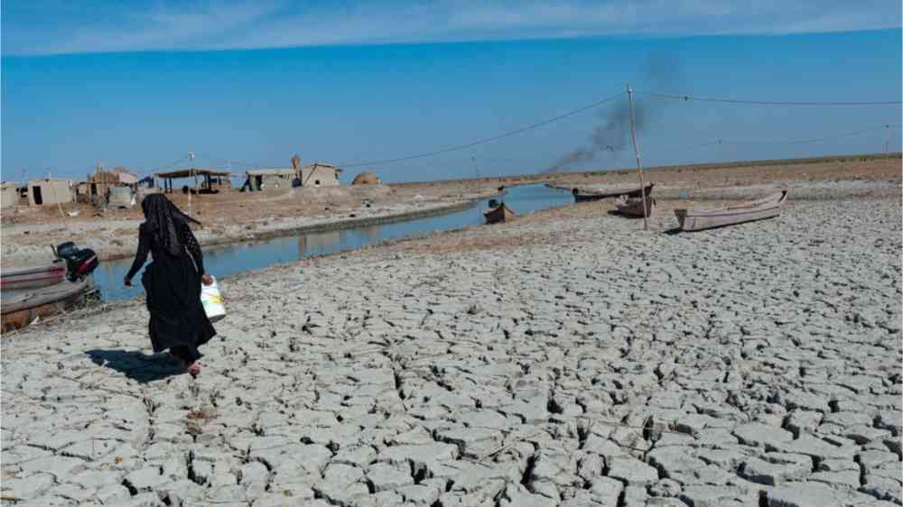 woman collecting water in the parched wetlands of the Central Marshes of southern Iraq 