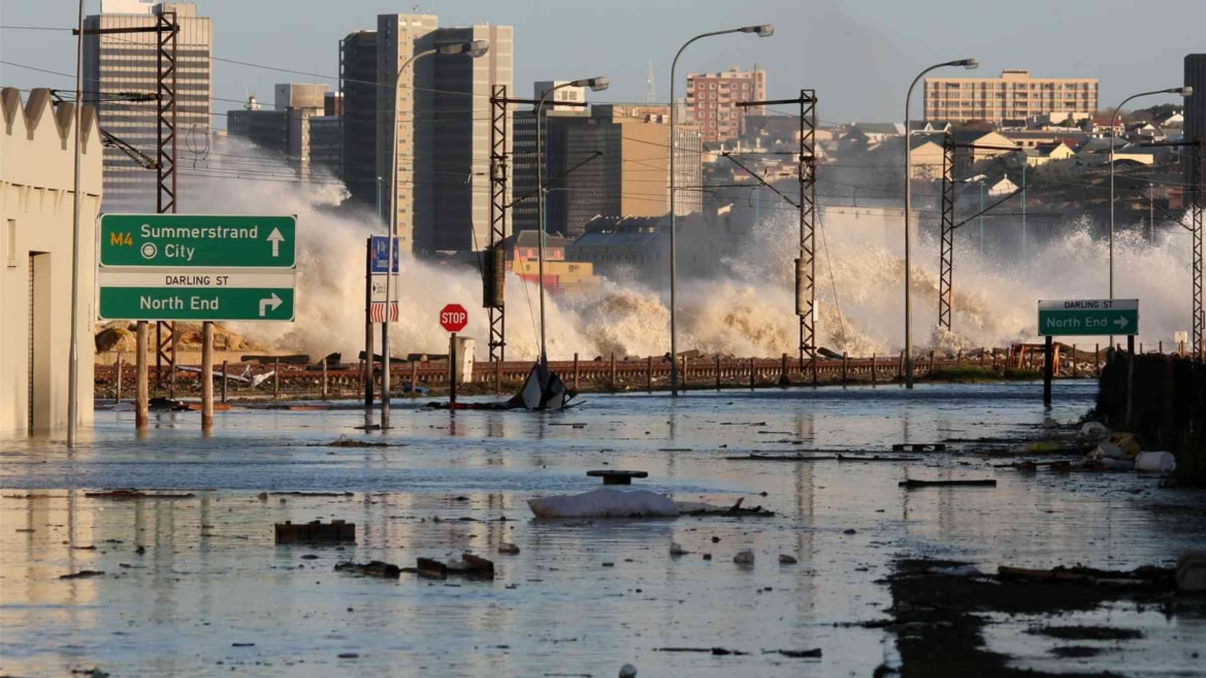 Storm surge affecting a coastal city