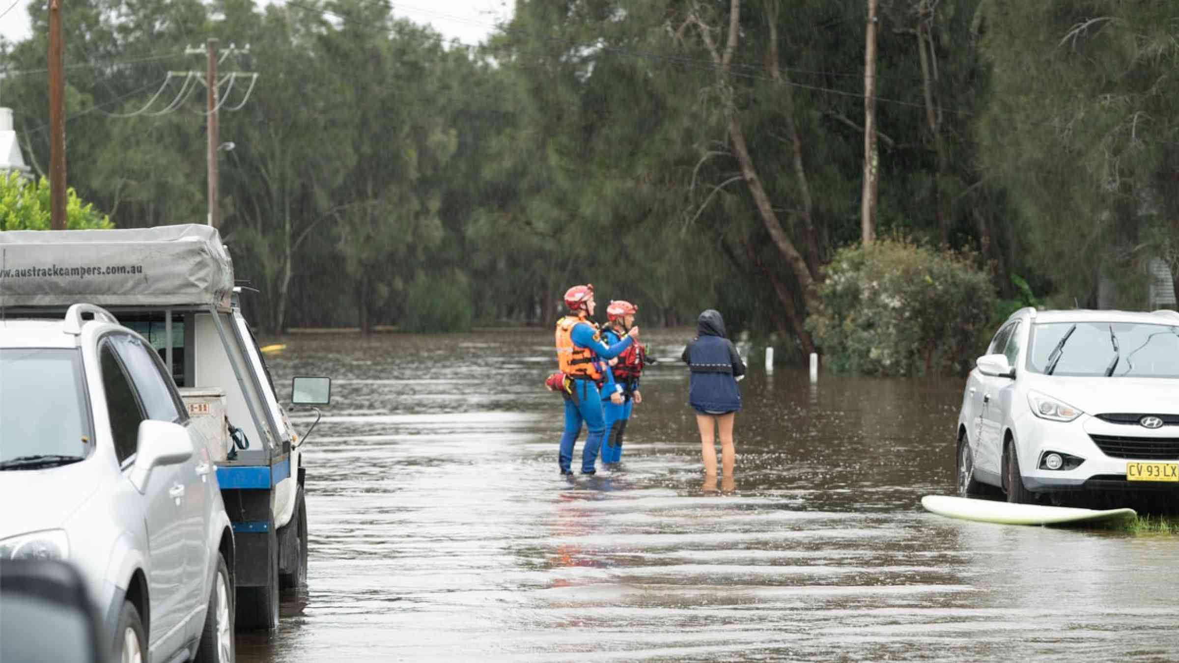 State Emergency Service (SES) respond to a flooding event in residential street in Killarney Valley, Australia (2021)