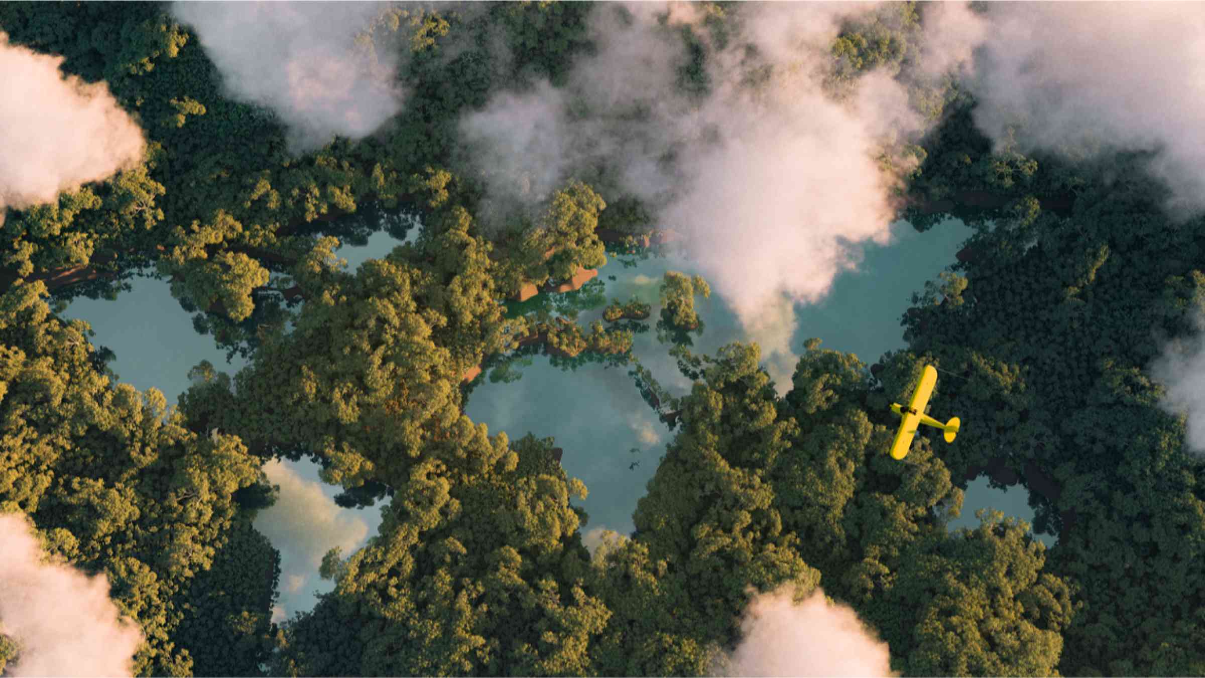 Lakes in the shape of the planets in a forest.
