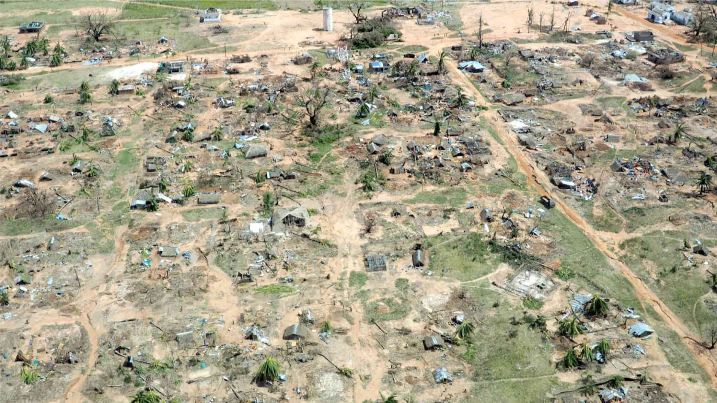 Aerial view of a devastated fishing village after Cyclone Kenneth in northern Mozambique (2019)