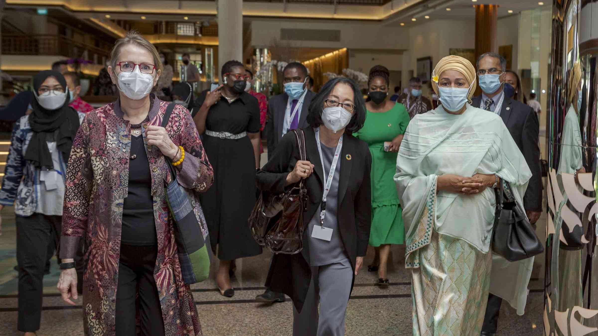 Deputy Secretary-General Amina J. Mohammed (right), SRSG for Disaster Risk Reduction Mami Mizutori (center) and UN Resident Coordinator for Indonesia Valérie Julliand (left) in Bali on the occasion of the 7th Global Platform for Disaster Risk Reduction.