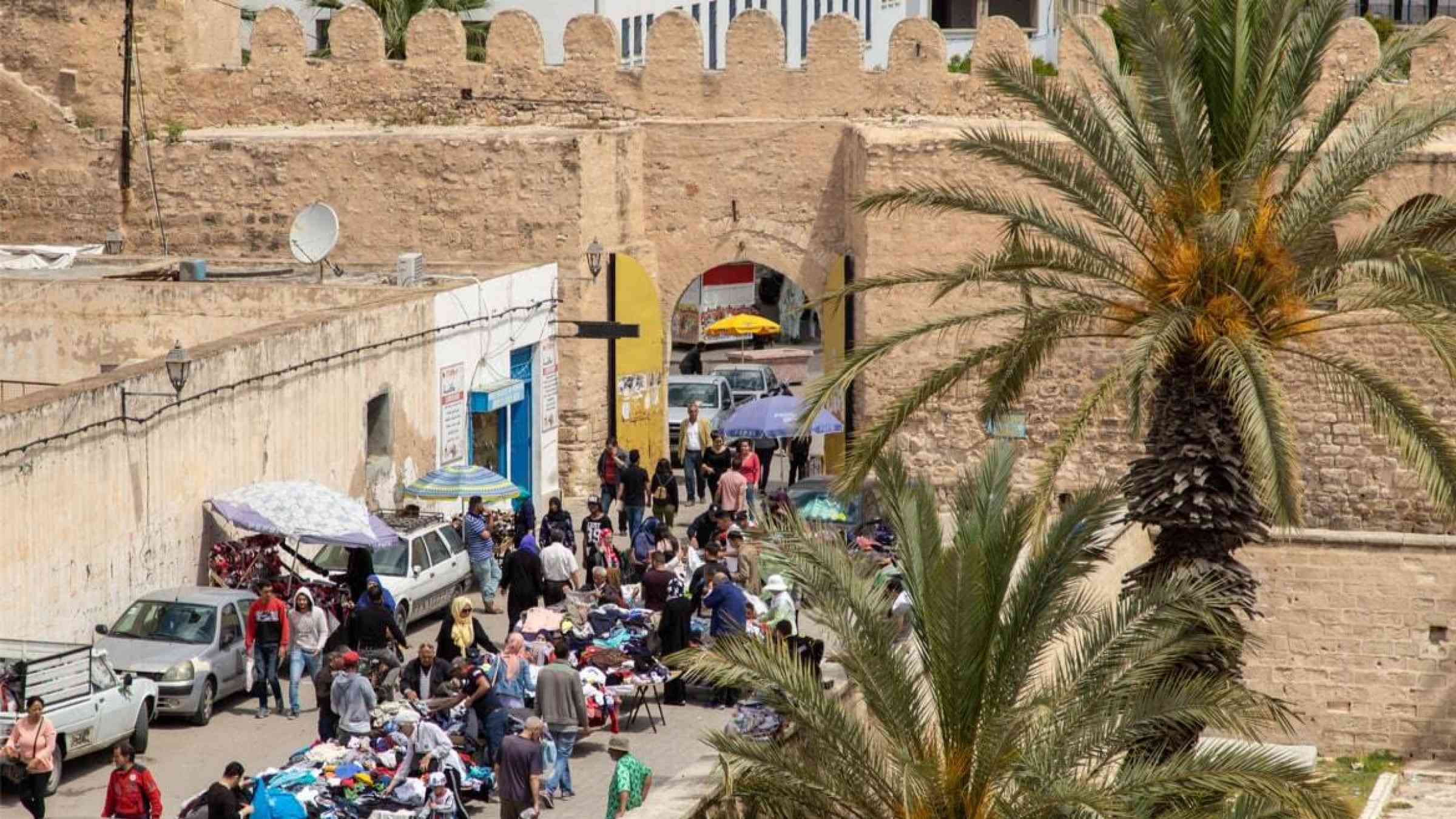 Aerial view of a crowded market in Sousse, Tunisia