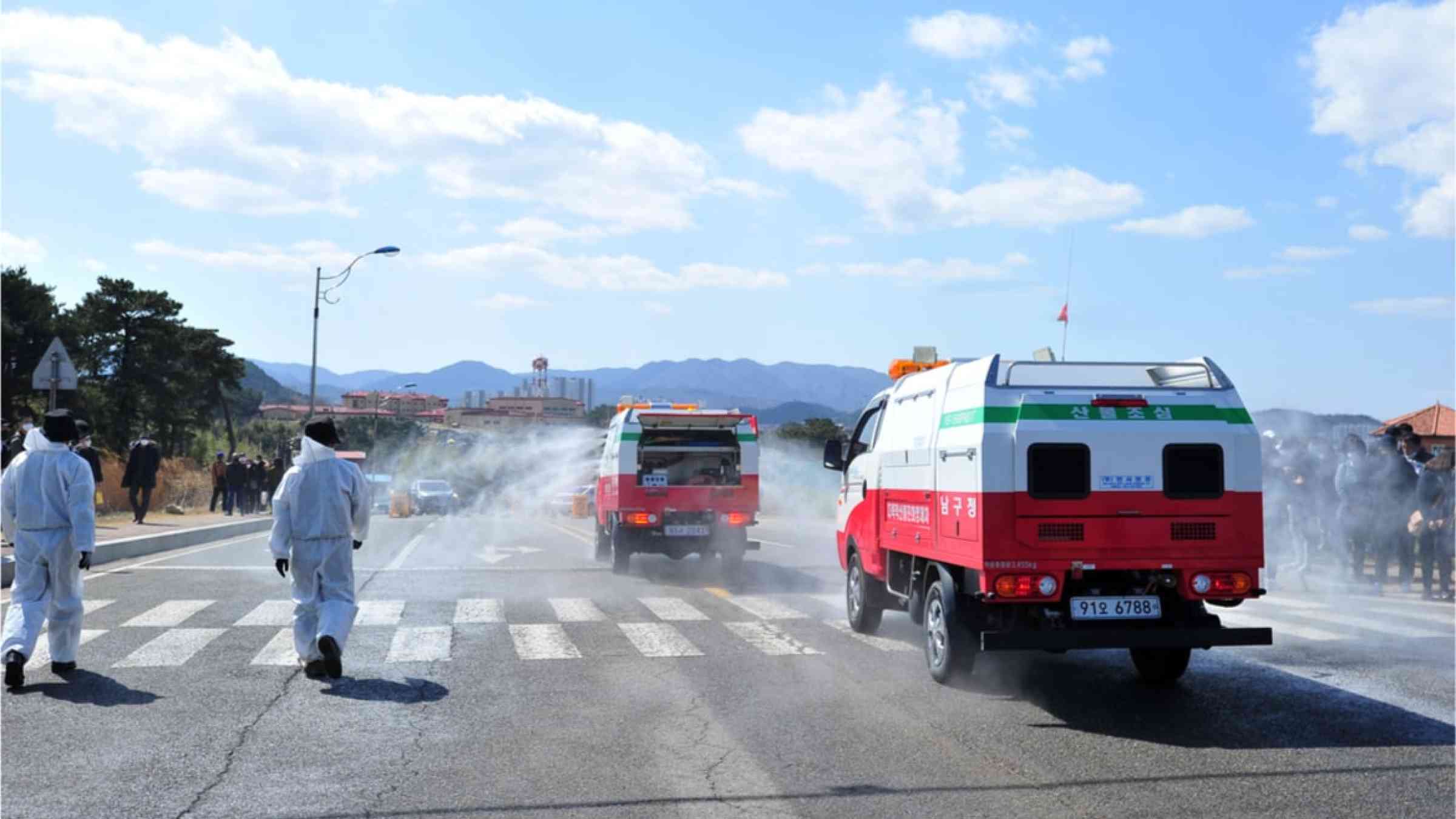A Ponghang City fumigator truck is conducting COVID-19 disinfection in the city of Ocheon-eup in Pohang, North Gyeongsang Province, South Korea on the afternoon of March 16, 2020.