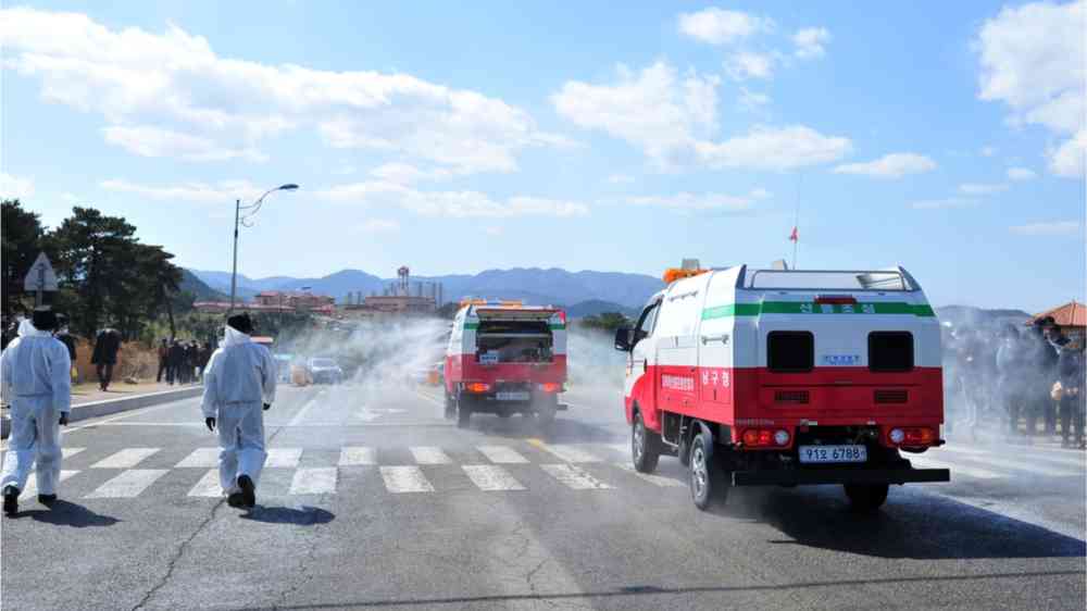 A Ponghang City fumigator truck is conducting COVID-19 disinfection in the city of Ocheon-eup in Pohang, North Gyeongsang Province, South Korea on the afternoon of March 16, 2020.