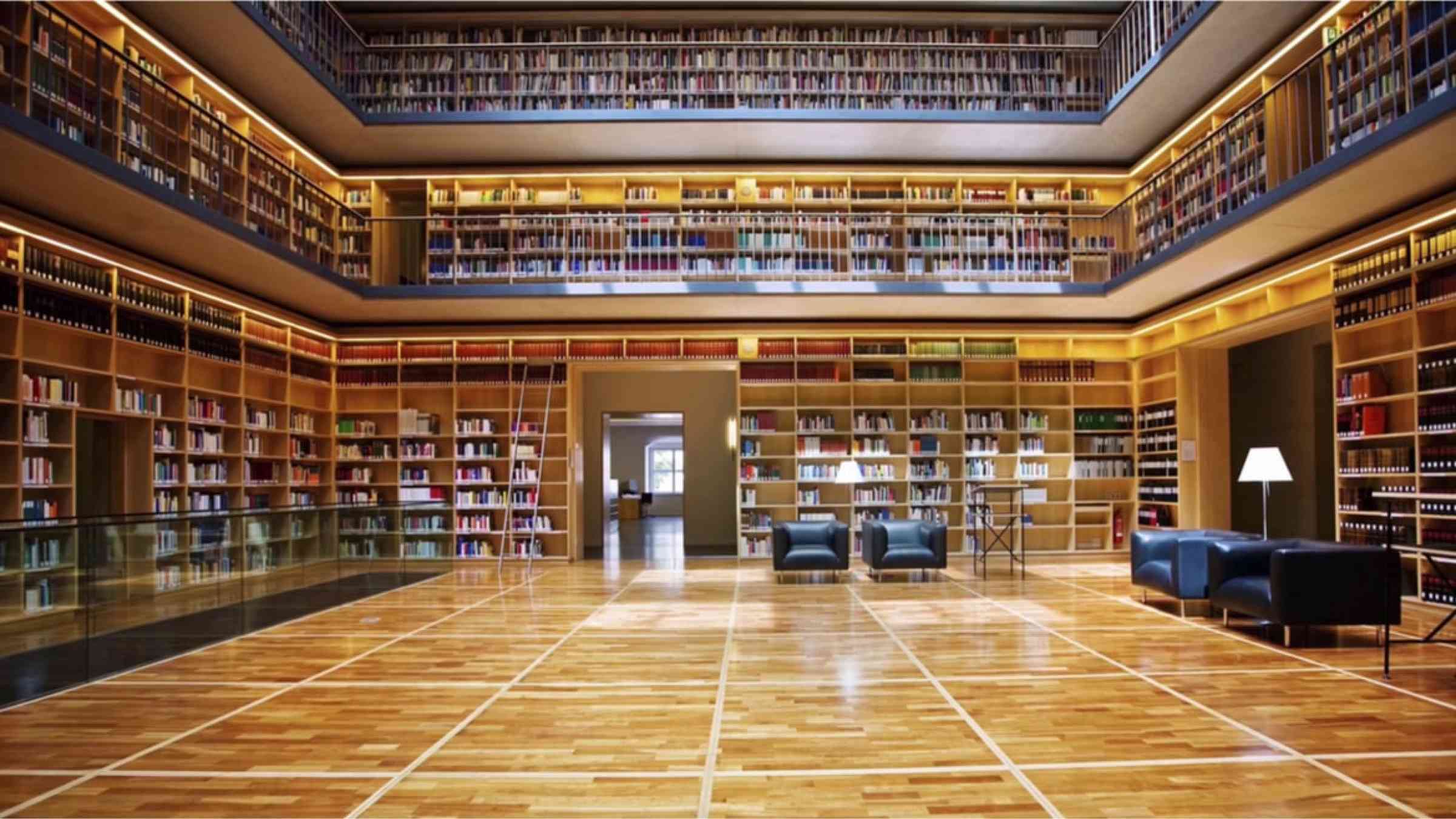 Bookshelves in a library.