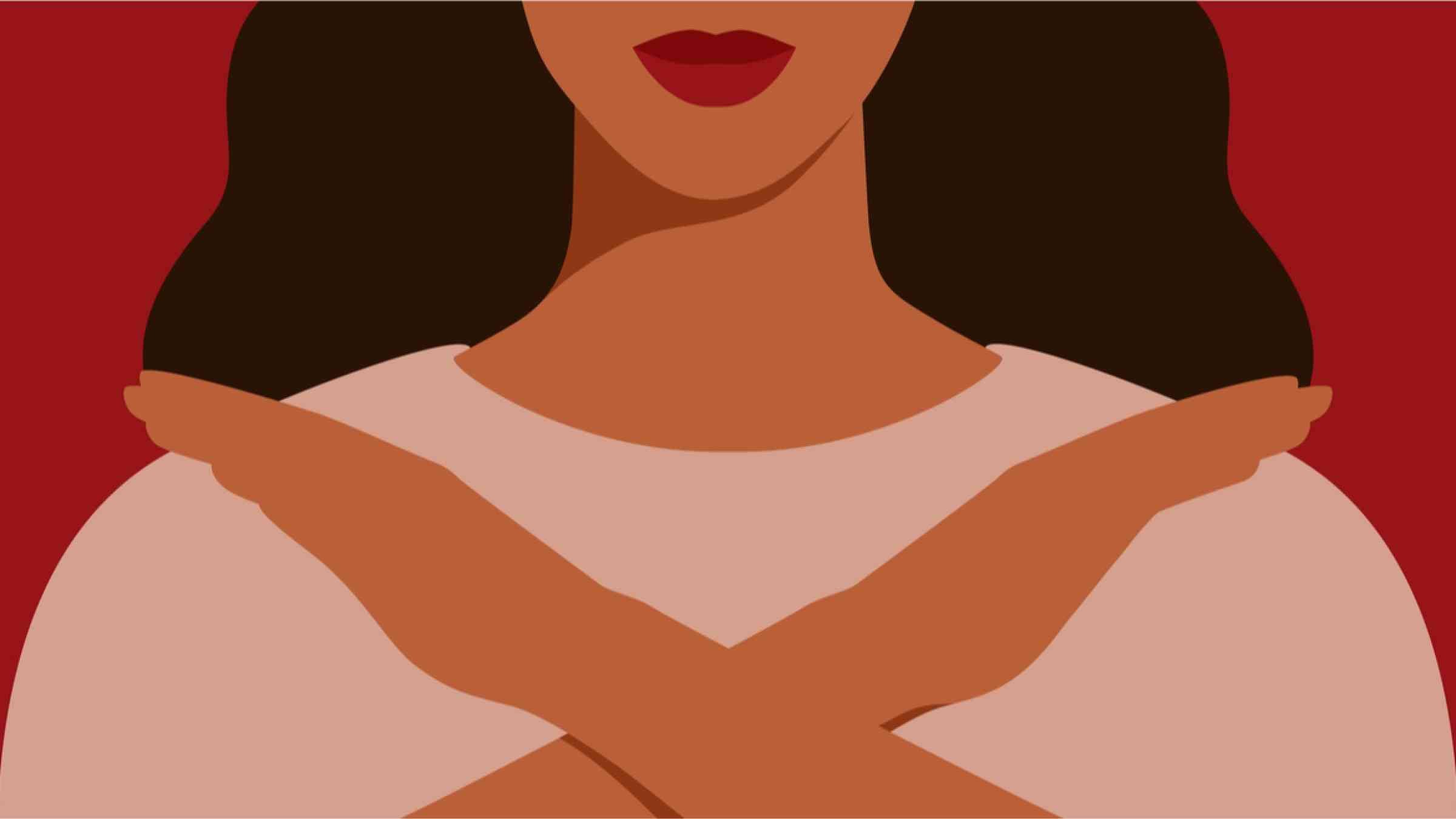 Woman crossing her hands in front of her body.