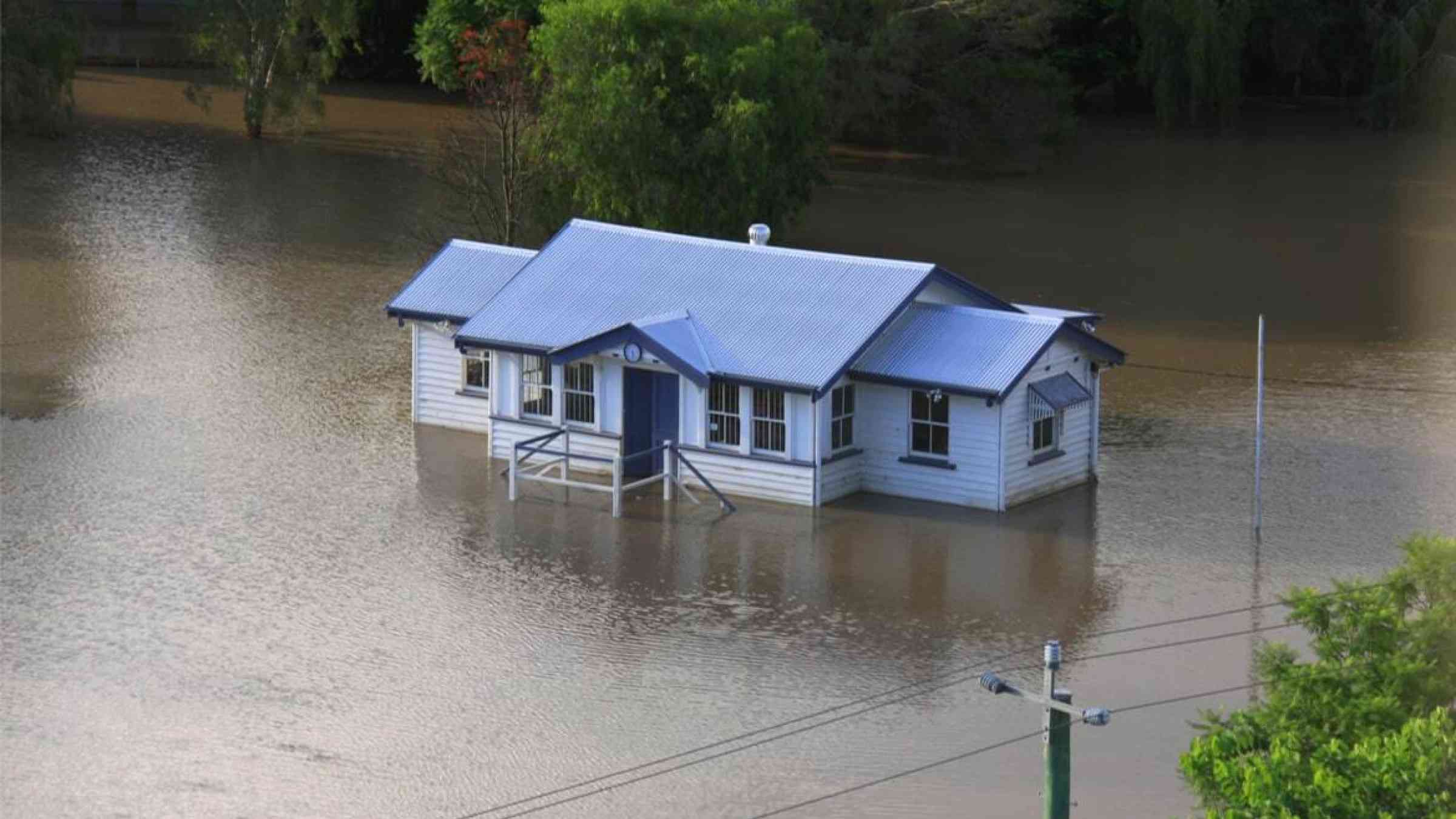 A lone house surrounded by floodwaters in Brisbane, Australia