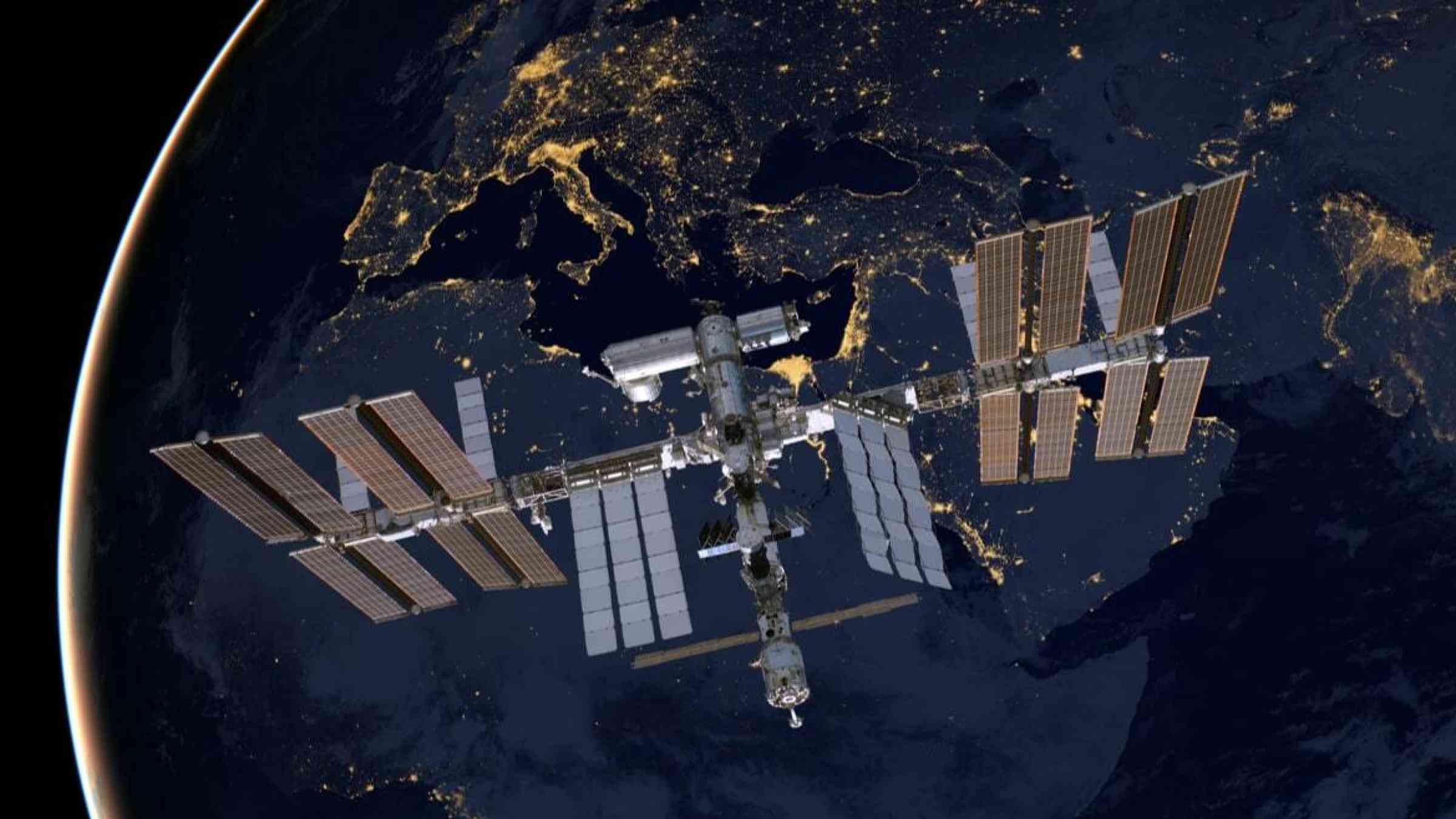 International Space Station above European continent at night