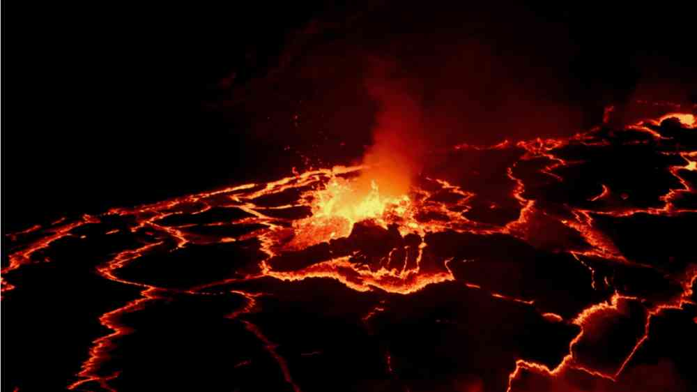 Lava lake, Lava flow at night, Nyiragongo, DR Congo, active Volcano,