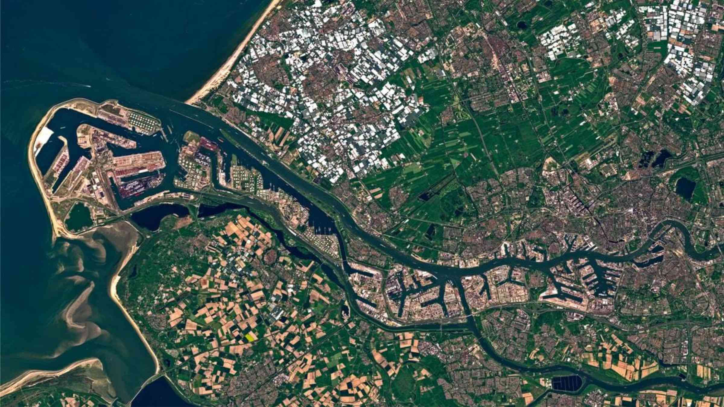An aerial view of Rotterdam and the Europoort harbor