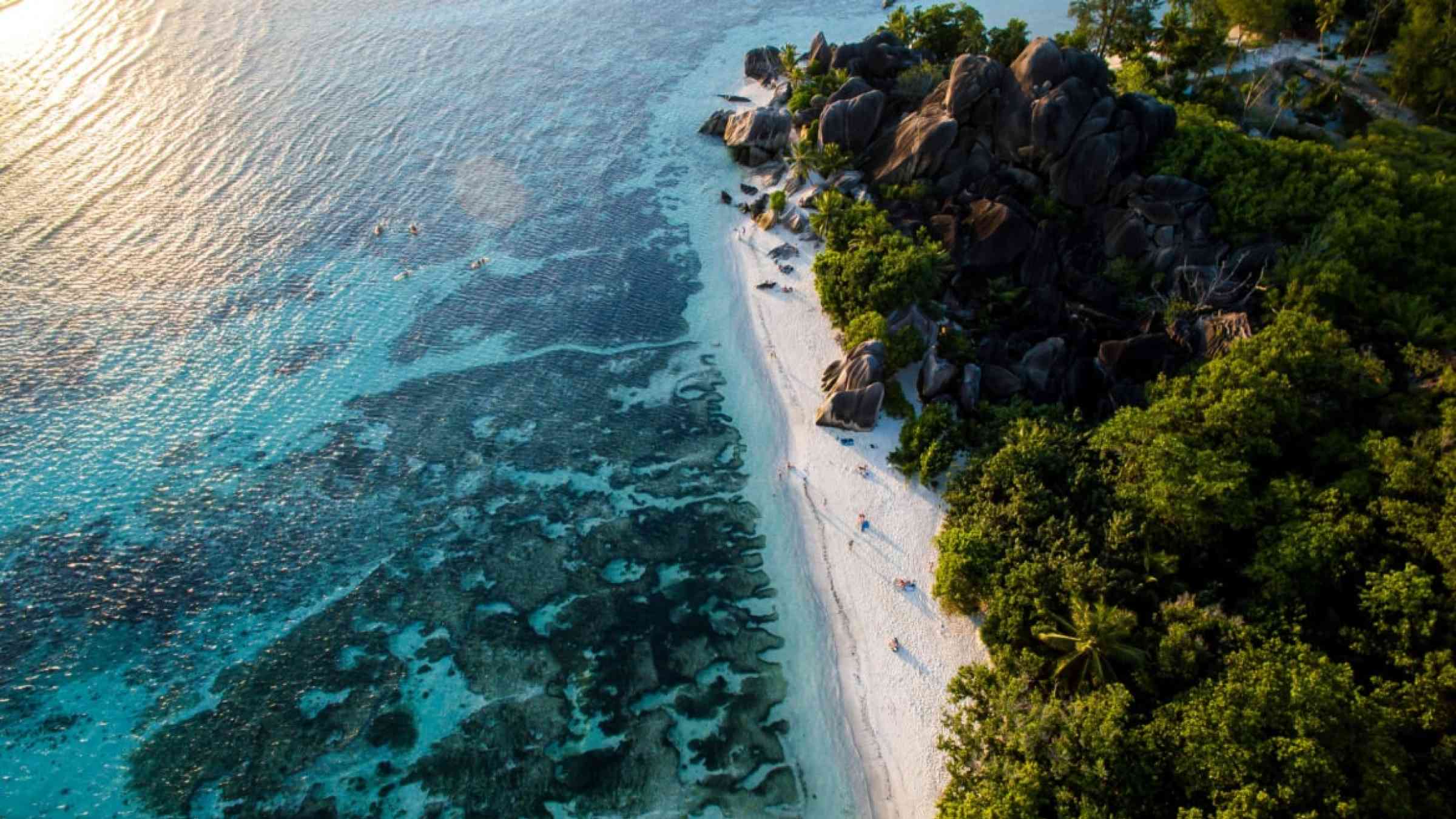 Aerial view of coastline of the Seychelles.