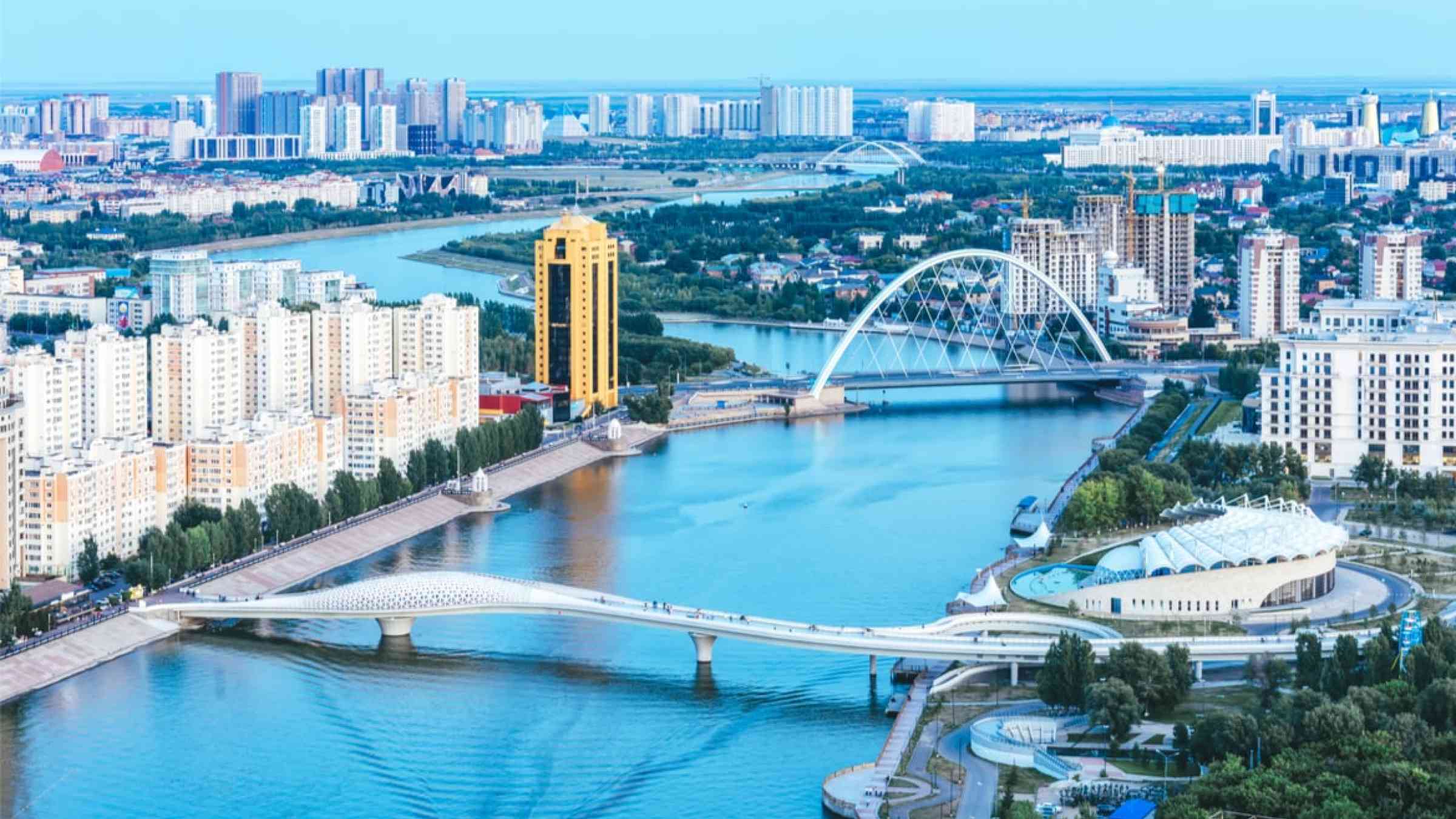 Aerial view of river banks in Nur-Sultant, capital of Kazakhstan
