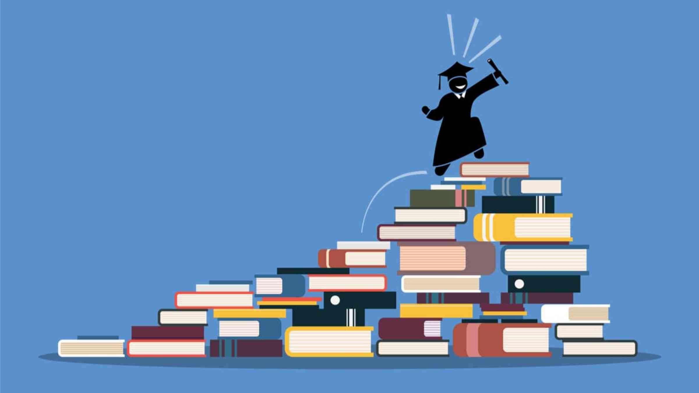 Illustration depicting a student walking a stair of books