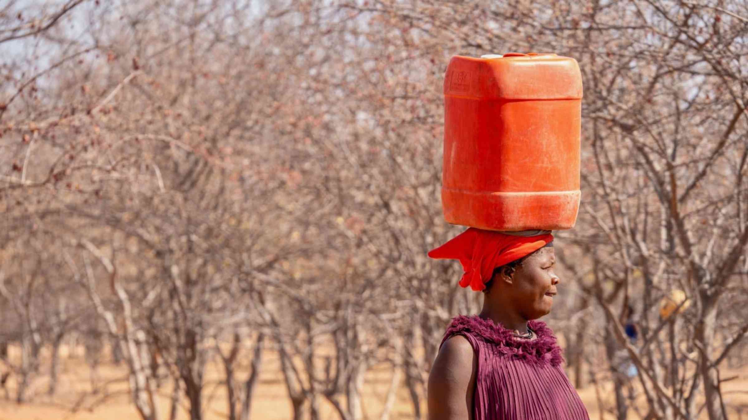 An African woman carries a jerry can of well water on her head