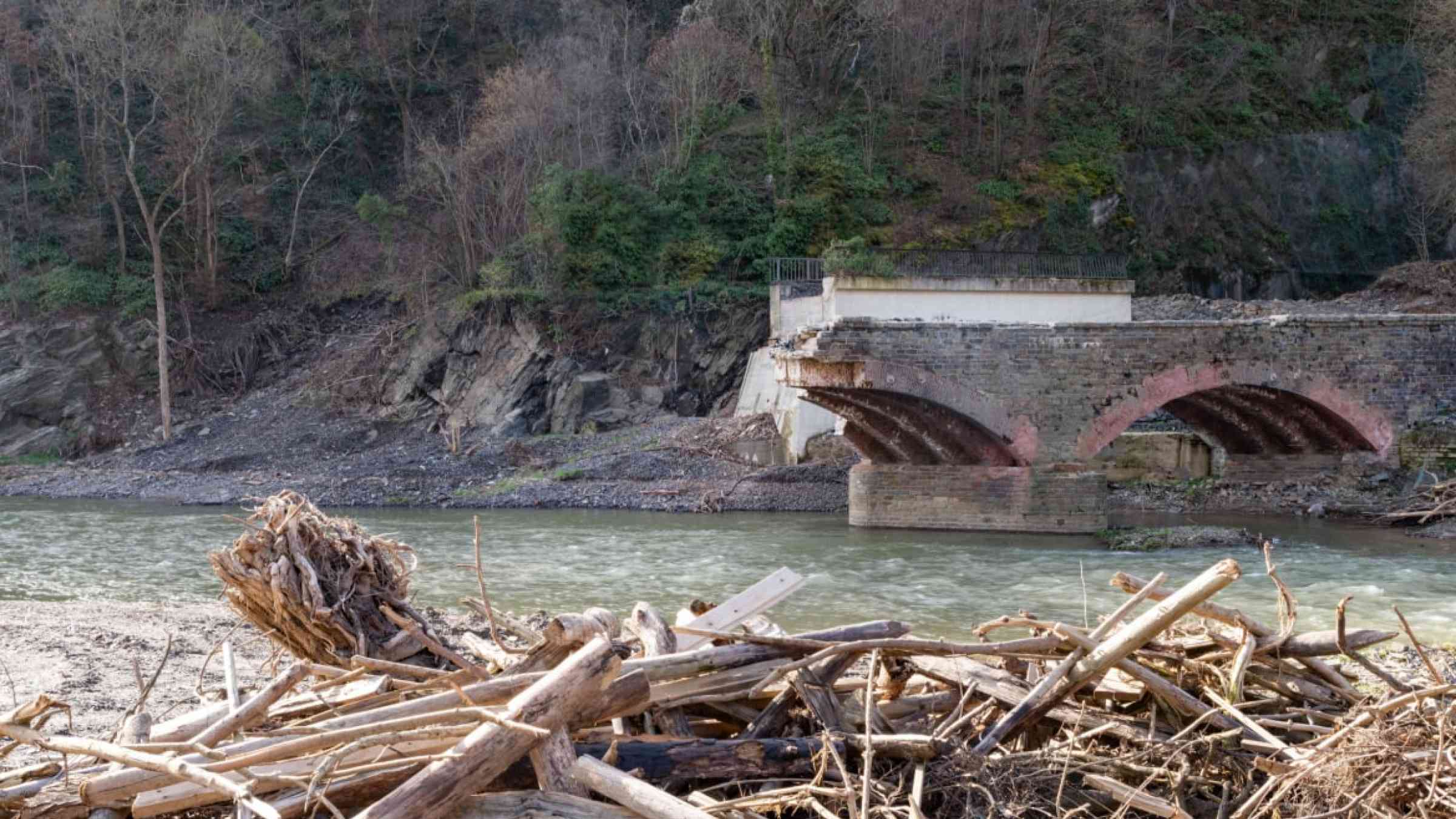 Damaged bridge after the floods in the Ahr valley in Germany in 2021.