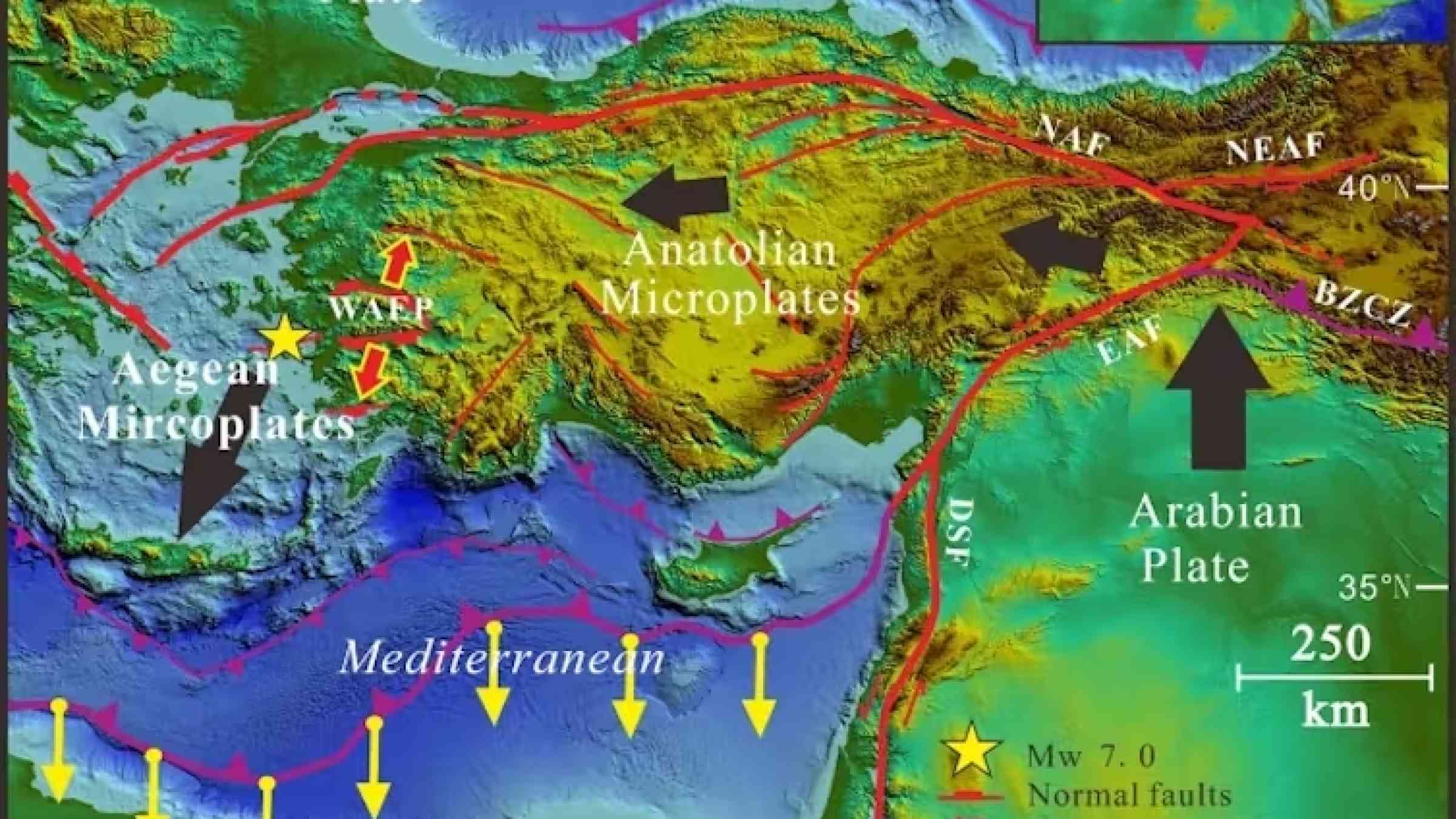The movement of three competing tectonic plates causes frequent seismic activity in this region.&nbsp;Meng, J., Sinoplu, O., Zhou, Z. et al. Greece and Turkey Shaken by African tectonic retreat. Sci Rep 11, 6486 (2021). https://doi.org/10.1038/s41598-021-86063-y,&nbsp;CC BY-NC