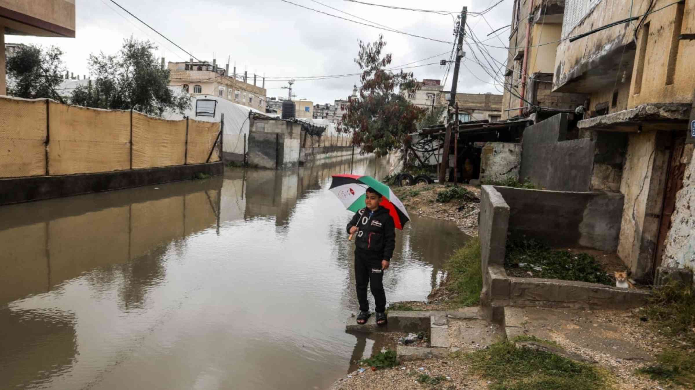 Palestinian houses flooded with rainwater following heavy rains in Rafah in southern Gaza Strip, on February 8, 2023.