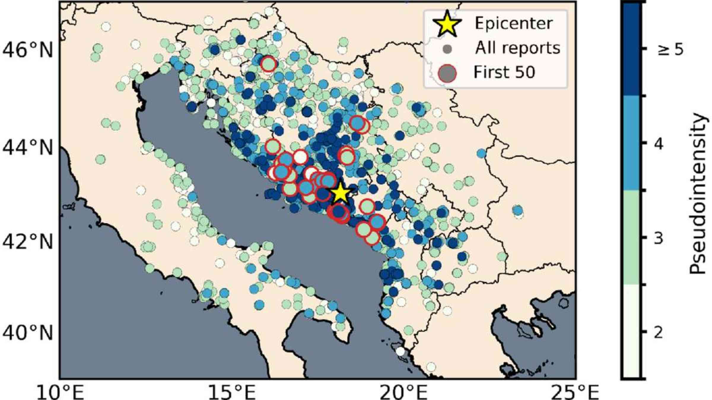 Map showing example collection of felt reports from the Mw 5.7 event on 22 April 2022 in Bosnia and Herzegovina. Large pseudointensities overlay small ones.