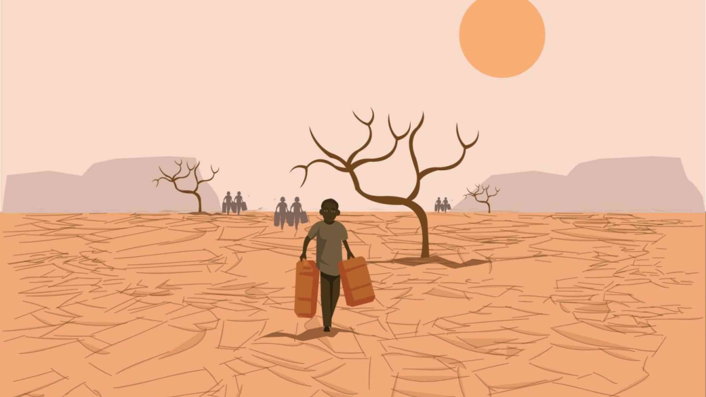 An illustration of a child carry water through an area affected by drought to their homes in canisters.