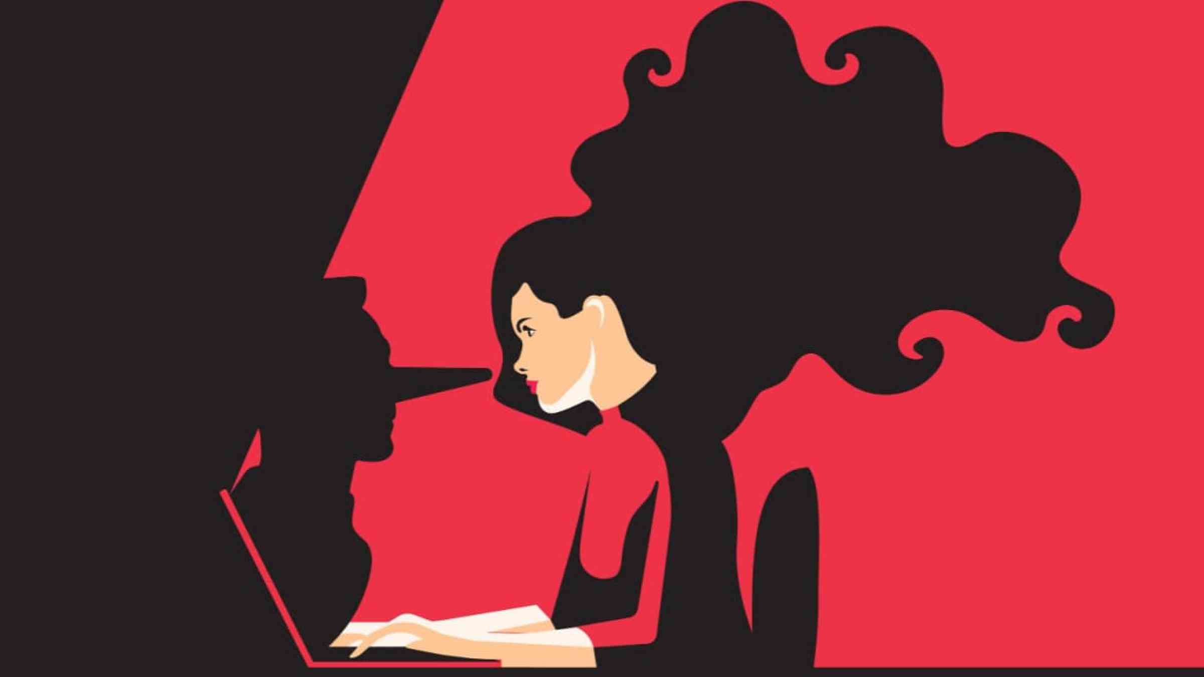 Illustration of a woman typing at a laptop who is shadowed by a man