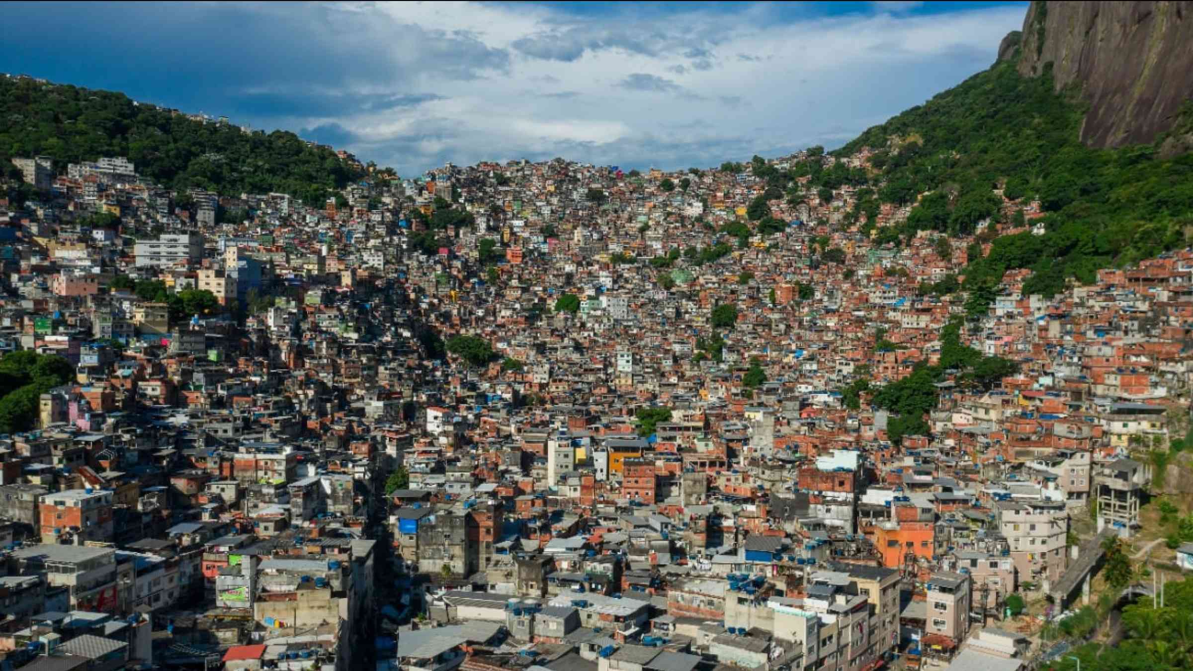 Aerial view of a massive Rocinha favela in Sao Conrado, Rio de Janeiro/Brazil