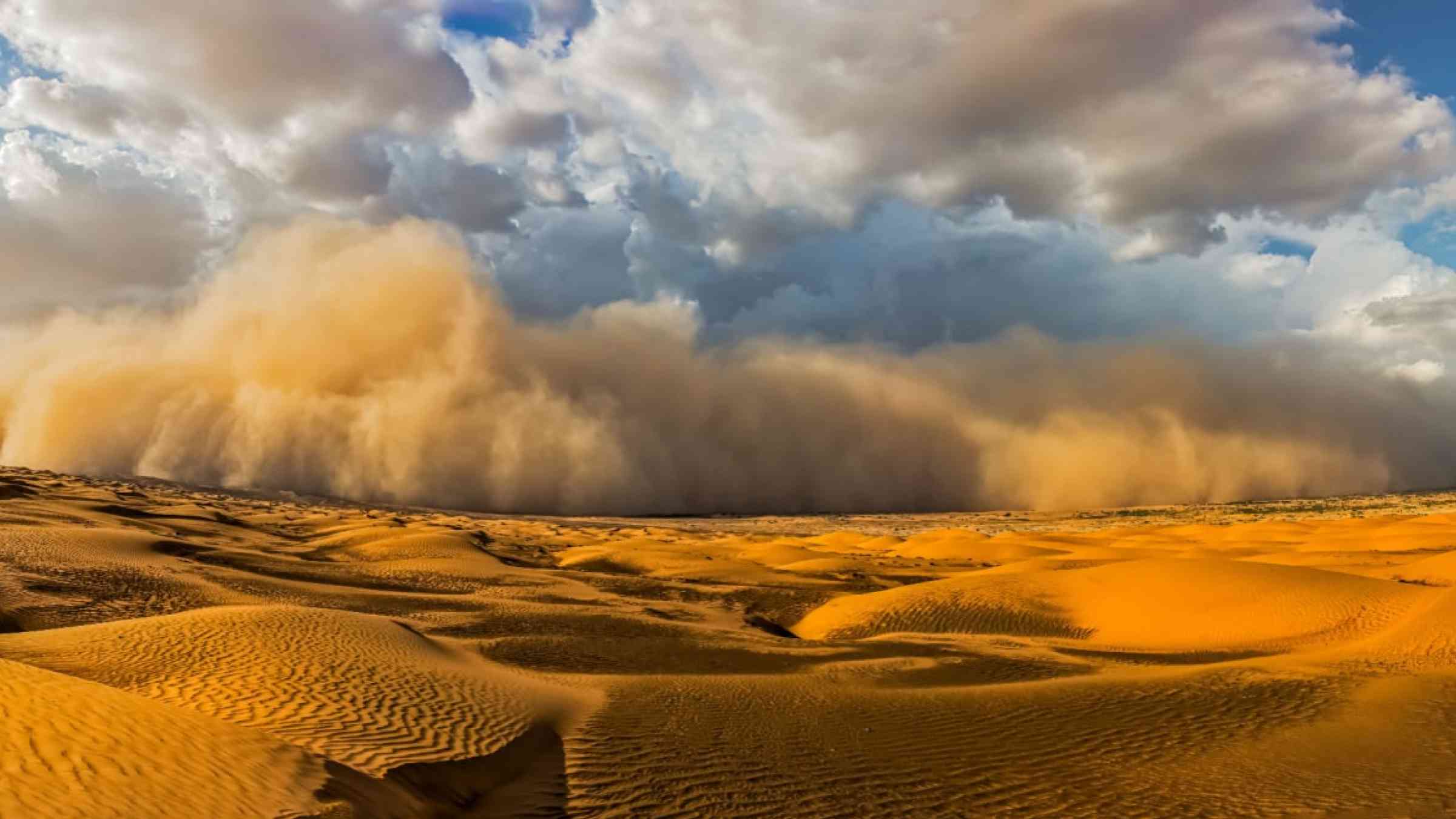 Starting sand storm in desert of high altiude with cumulonimbus rain louds.