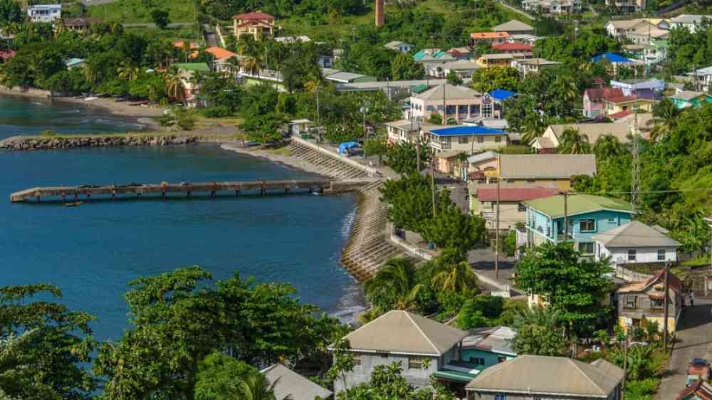 View of Barrouallie with sea and palm trees in Saint Vincent and the Grenadines
