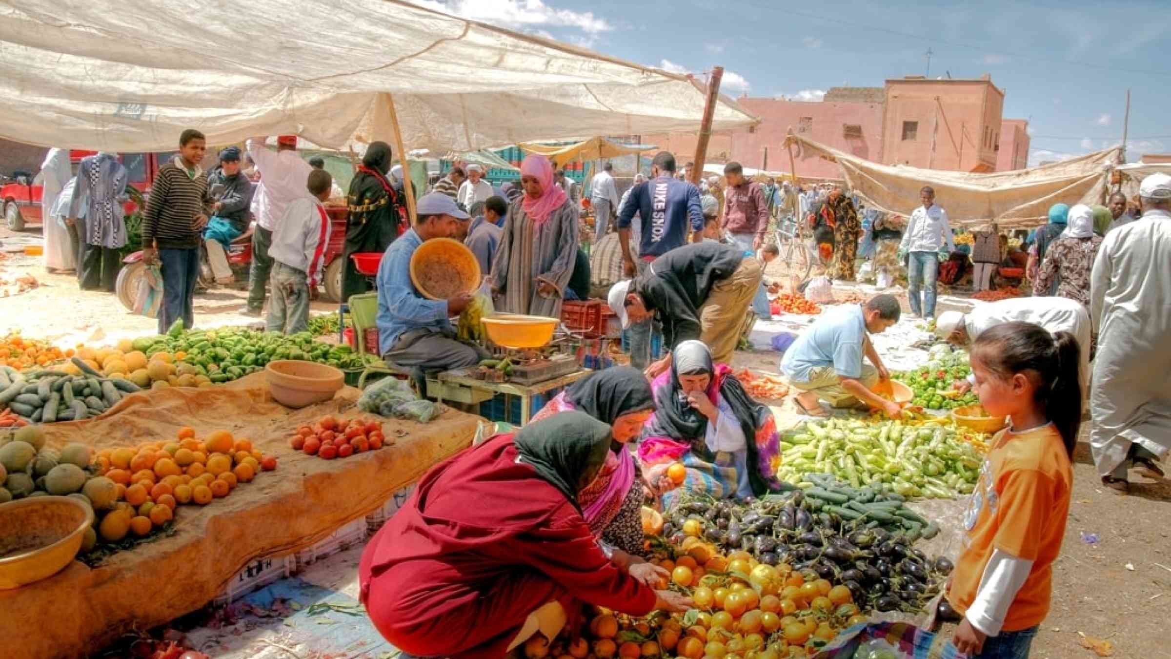 Weekmarket in the city of Marrakech. Morocco produces a large range of Mediterranean fruits and vegetables and even some tropical ones.