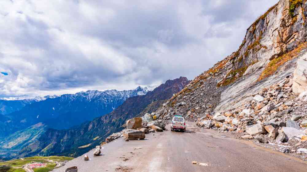 Rockfall blocks a road followin heavy rain