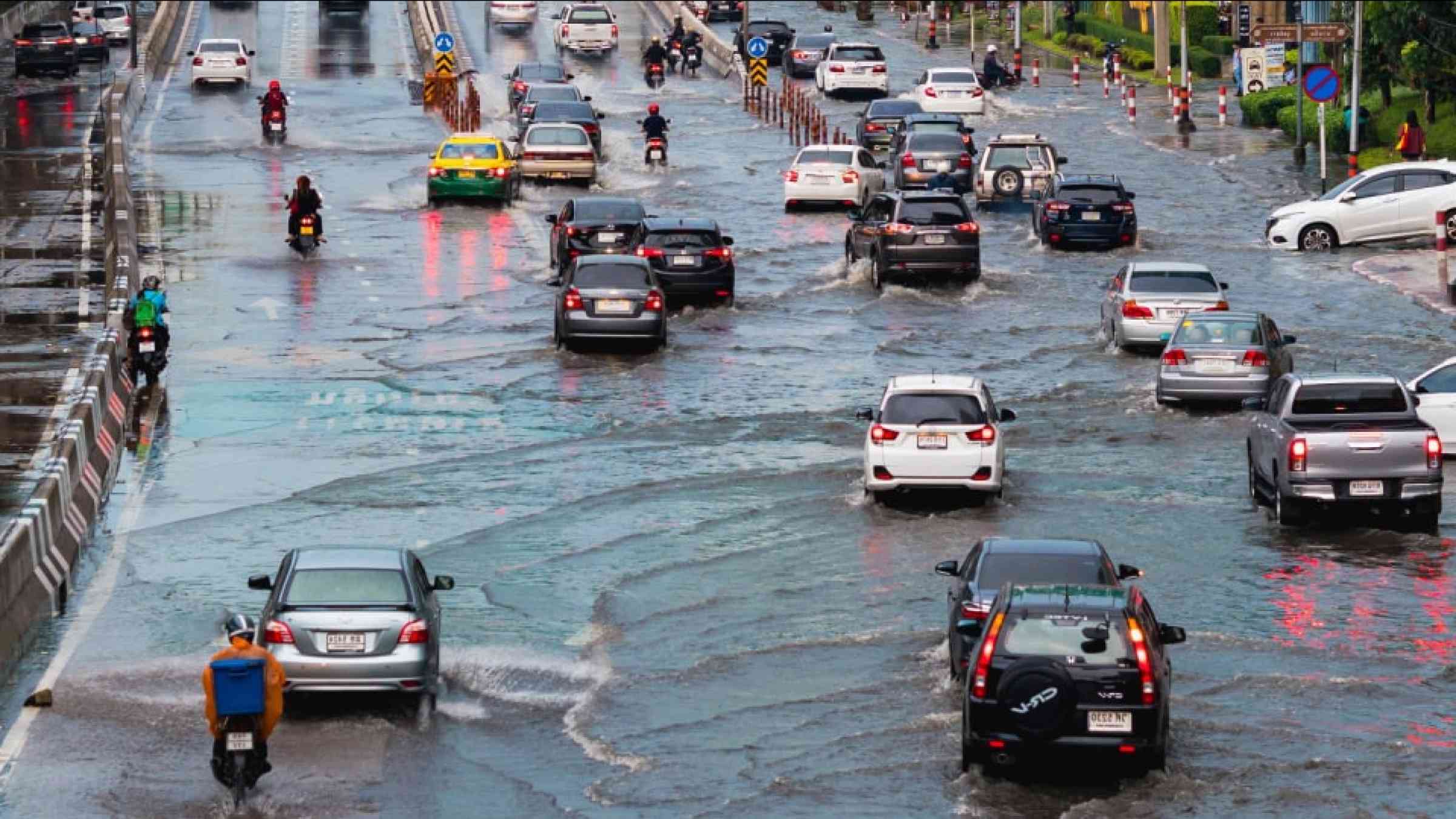 Flooded Vibhavadi-Rangsit road after heavy rain in Bangkok, Thailand
