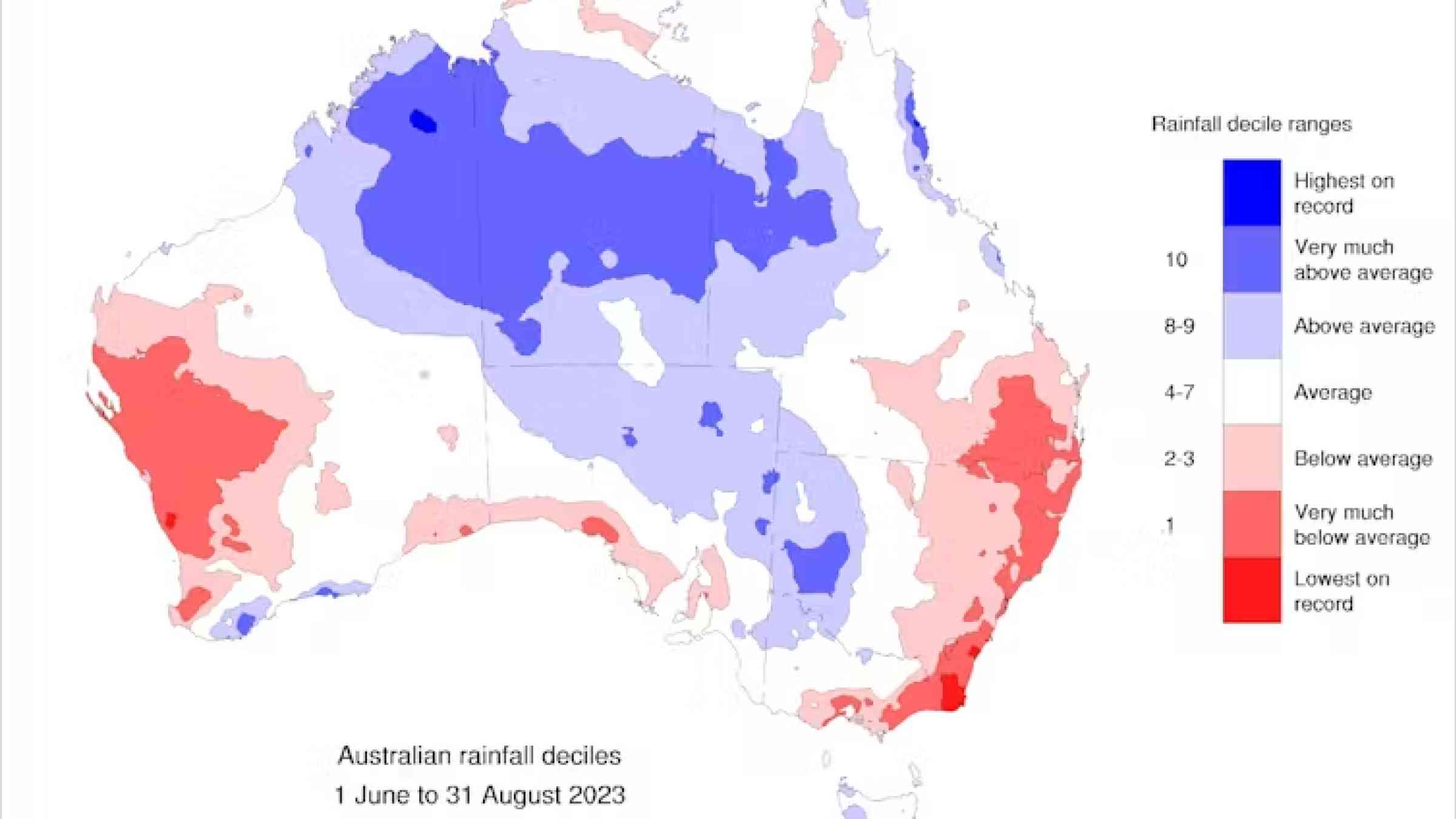 A map of Australia showing rainfall deciles