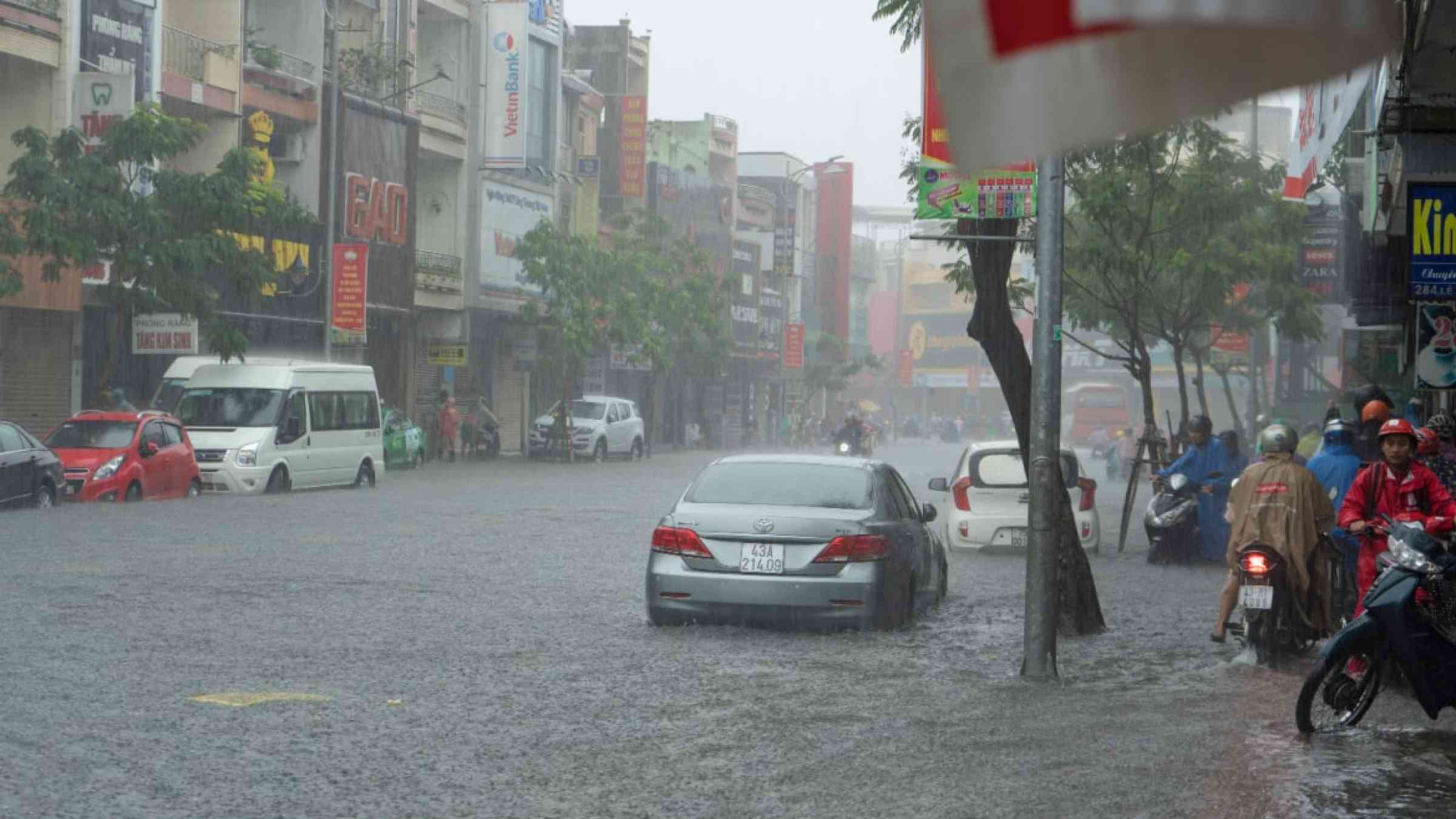 A flooded street in Da Nang, Vietnam during heavy typhoon rains