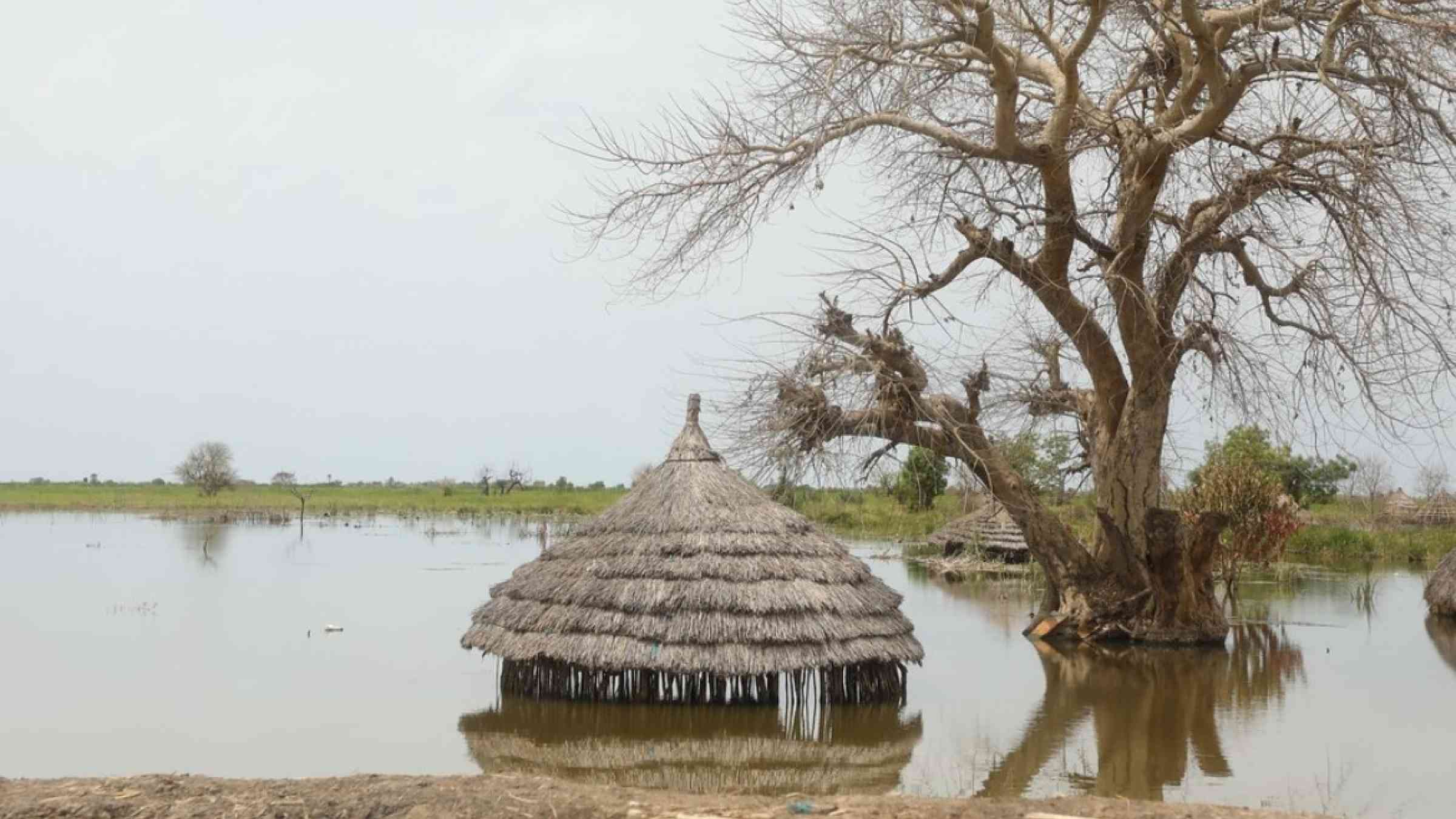 An inundated village in South Sudan