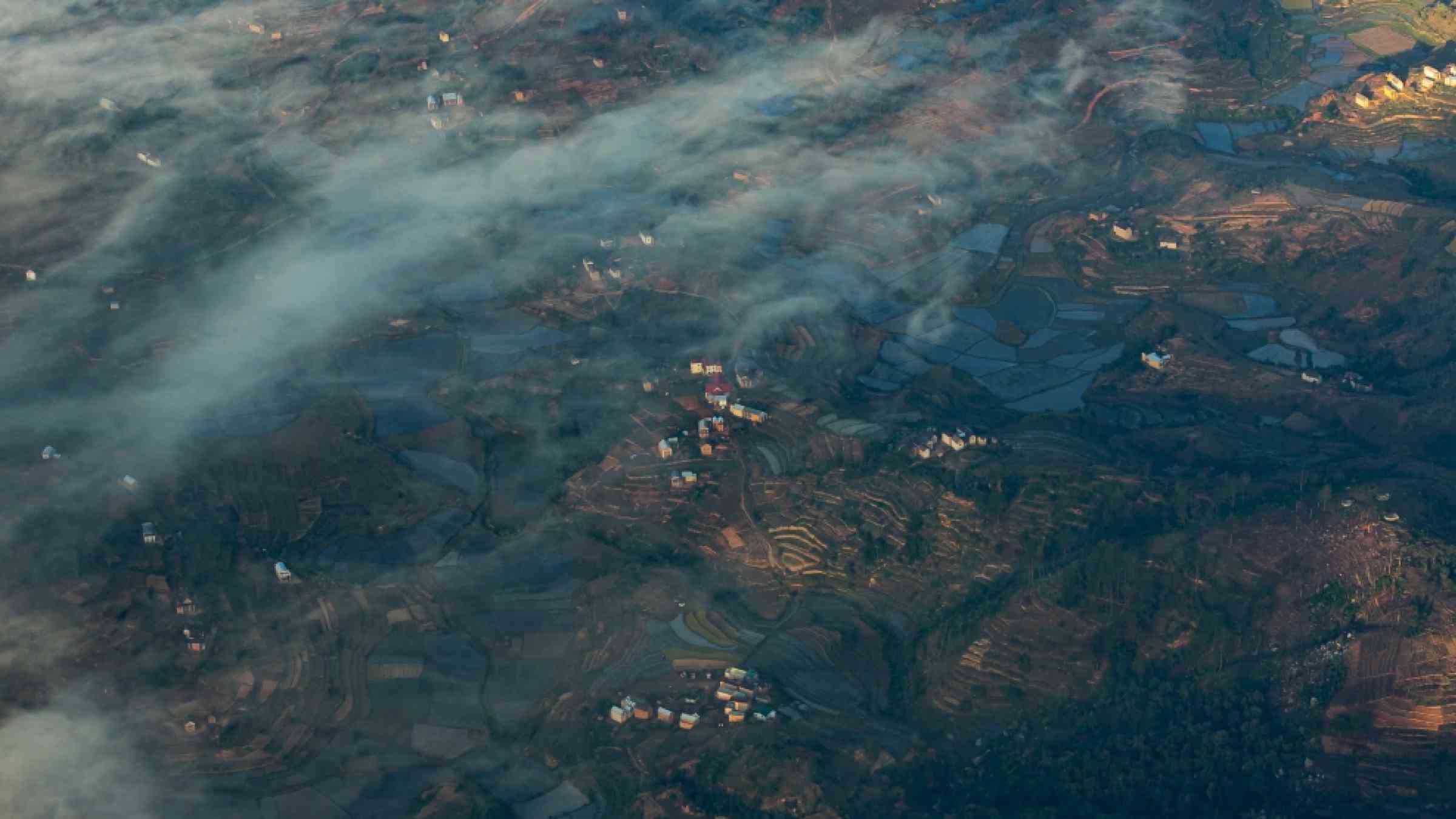 Madagascar view of the countryside from the sky - cloudy 