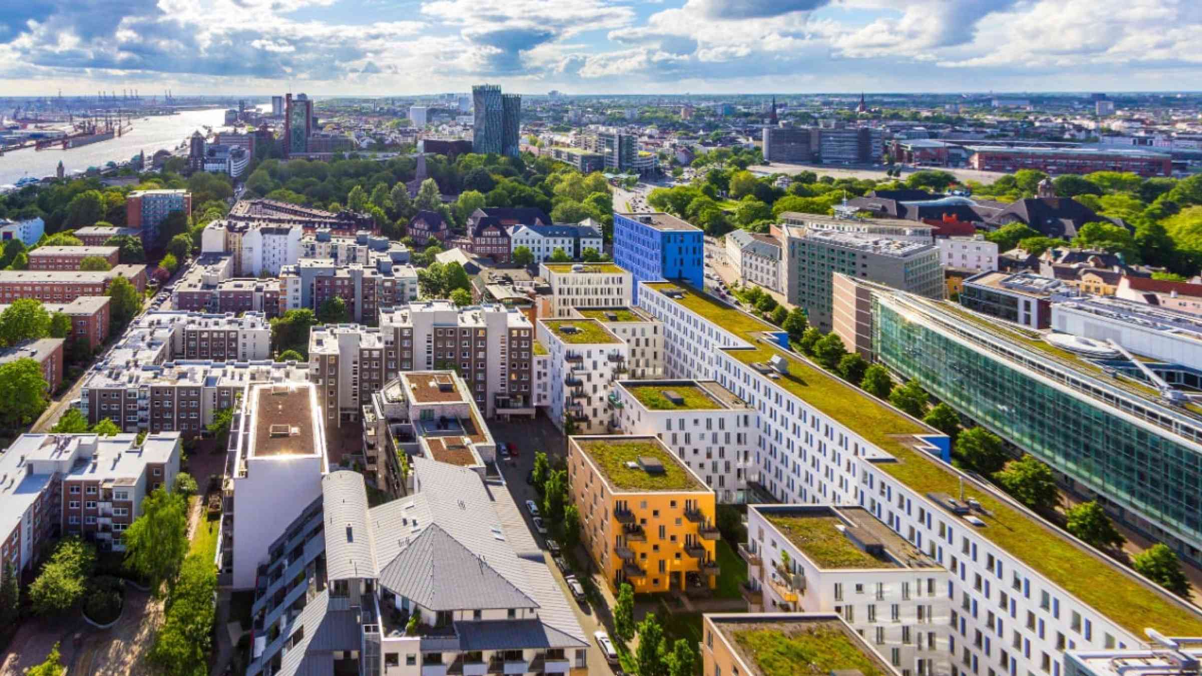 Green city with multiple green roofs