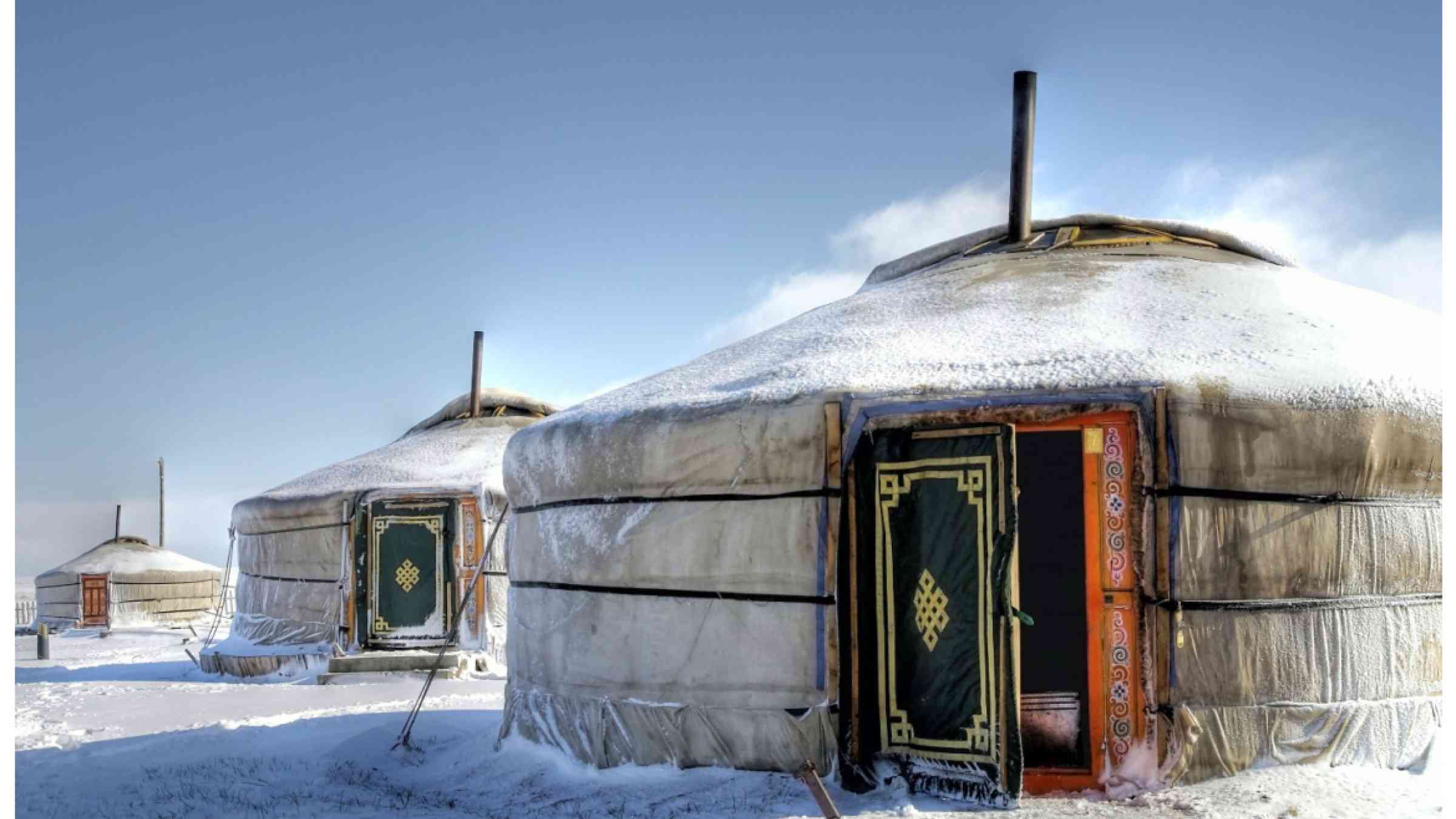 Mongolia yurts in the snow